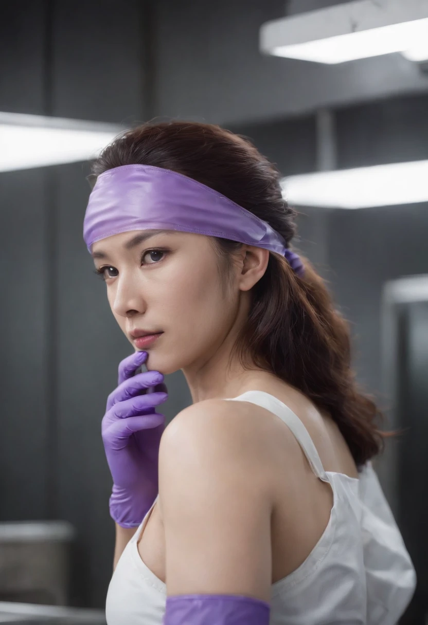 Meilin from Advanced Metal Gear Research Institute. Highly realistic. rubber glove、Purple rubber gloves、Purple cooking gloves、Long gloves、Glossy gloves、Glossy apron、Wear a mask、Rubber Mask、The perfect surgical mask