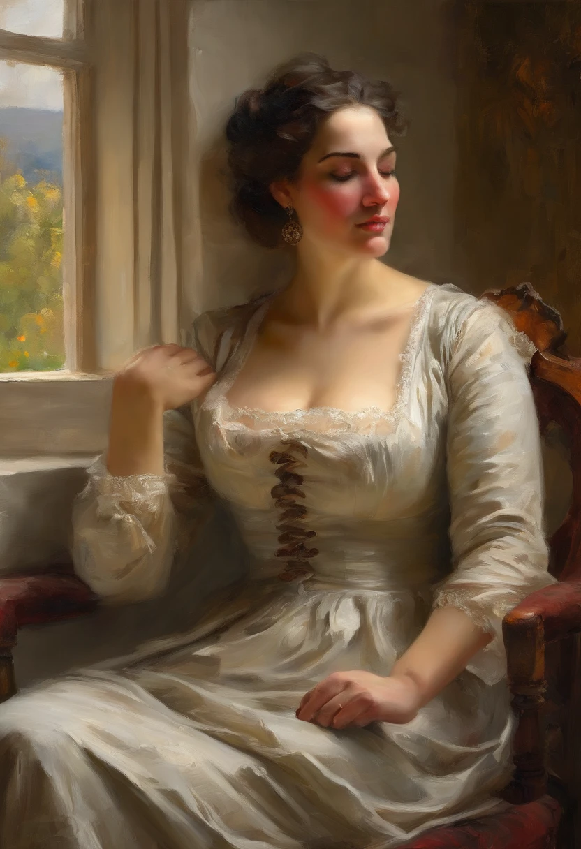 ((golden ratio}} the year is 1890, the setting is spain, A Highly detailed realistic oil painting of a elegant woman relaxing in a wooden bath tub with copper taps and fixtures, with her back to viewer, her back is in full view, curtains blowing with window breeze, clay interior walls, her eyes closed, perfect arms and hands, elegant in nature, beautiful lighting on her hair, full lips, wavy hair, up-do, {{nudity}} breasts exposed and hanging out, sleepy after a long day, a sensual painting, a Beautiful expressive painting, Wadim Kashin. Ultra photo realism, Louise Ross, digital painting art, Perceptual digital painting, Stylish digital painting, Bonito painting, glossy digital painting, beautiful digital painting, digital art painting, Fine paintings, thick strokes, pallette knife, impasto, Albrecht Dürer, Rembrandt, baroque art, alla prima, sfumato, chiaroscuro, intense light, {{catchlight}}