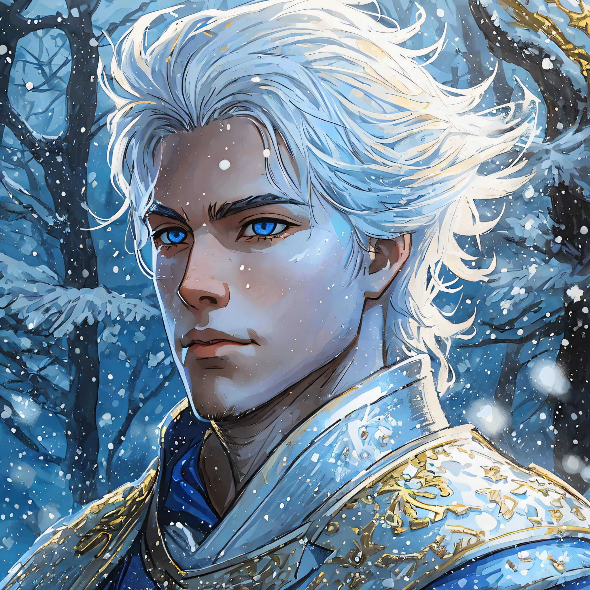 a young warrior, a noble knight, prince of a kingdom wearing golden, blue and white armor;, uma armadura angelical, This warrior is young with ice powers, A handsome man with straight white hair, his hair is of average length at ear height like a Channel style haircut., has hair as white as snow, He is a great warrior of a blue and white kingdom, His hair is of medium achievement and his eyes are blue as the ocean, He's from the Angelic family, Lights make up the image along with snow and a white glow, no fundo uma floresta de nevada durante um inverno enquanto neva, Uma arte medieval para RPG, ((olhos perfeitos))