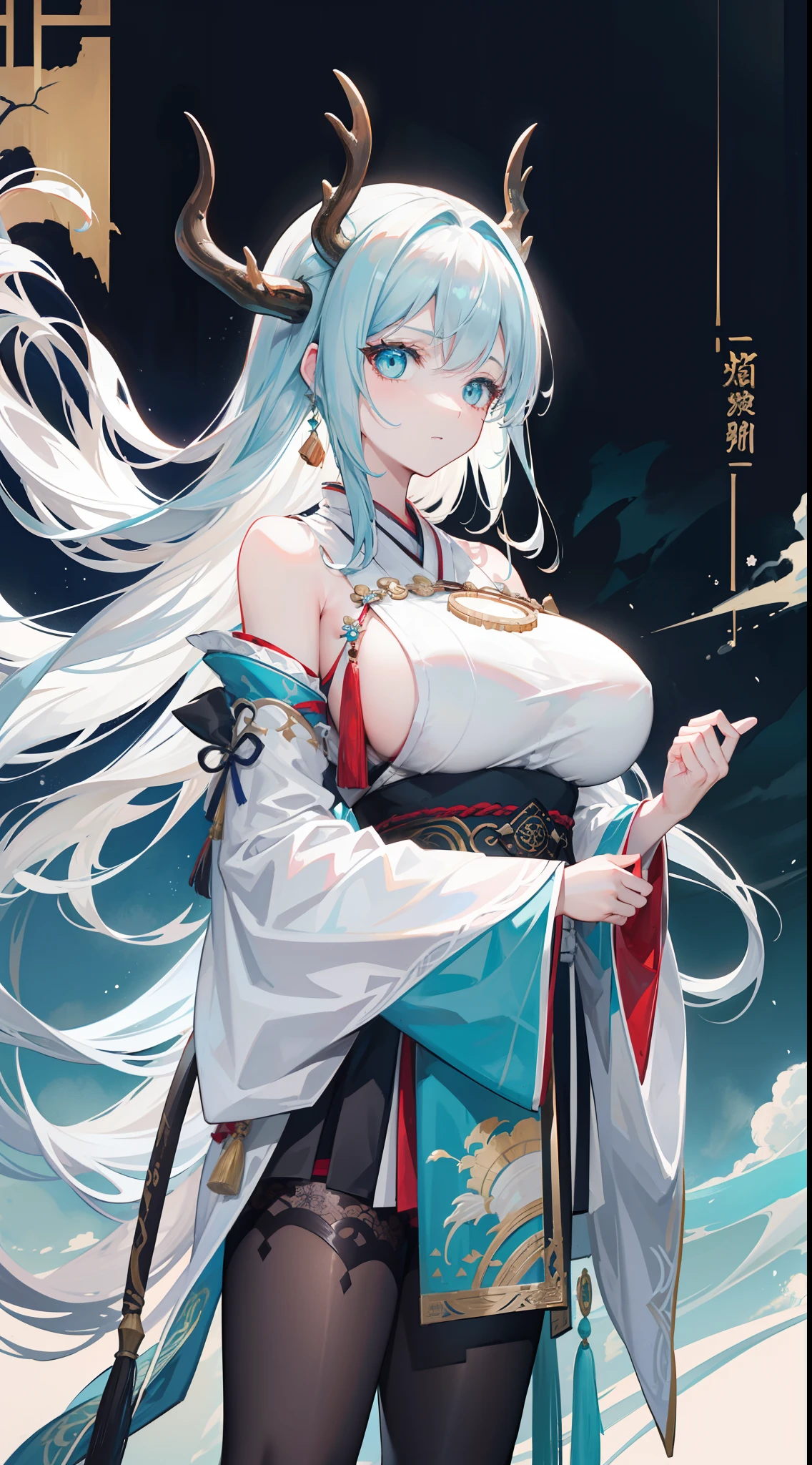 Foiled text,Dragon's horn,deer antlers,Portrait,Realistic effect,female pervert,White-haired girl,Messy hair,ancient wind,cyan colors,cyan colors,Cyan Hanfu(With delicate and mysterious antique patterns),high-heels,The expression after the climax,winning artwork,Silhouette effect,Epic composition,Stand in front of a window with falling snow(ancient wind),(Antique background)Need,8k,The human body light and shadow effect is three-dimensional,Delicate face,(in the darkness nigth:1.6),Fantasyart,photographrealistic,动态照明,artstation,poster for,Volumetriclighting,Very detailed faces,4 k,Award-Awarded, low key, cowboy shot, (Hanfu:1.4), long whitr hair,(The are super huge))),(((super huge breasts))),Side breasts,Lower breast,cropped shoulders,鎖骨,lacepantyhose,nabel,Lower chest,((black pantyhoses))