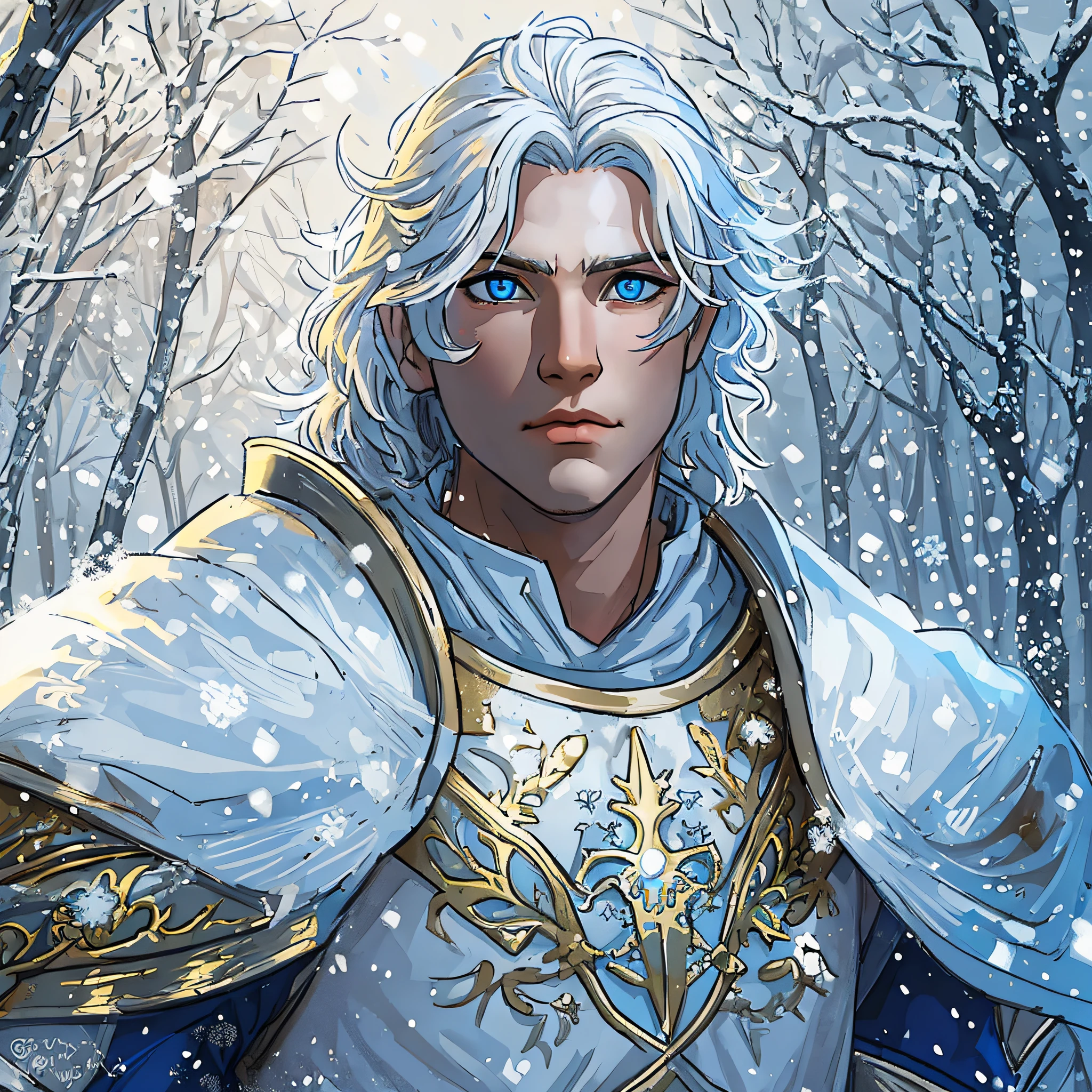 a young warrior, a noble knight, prince of a kingdom wearing golden, blue and white armor;, uma armadura angelical, This warrior is young with ice powers, A handsome man with straight white hair, his hair is of average length at ear height like a Channel style haircut., has hair as white as snow, He is a great warrior of a blue and white kingdom, His hair is of medium achievement and his eyes are blue as the ocean, He's from the Angelic family, Lights make up the image along with snow and a white glow, no fundo uma floresta de nevada durante um inverno enquanto neva, Uma arte medieval para RPG, ((olhos perfeitos))