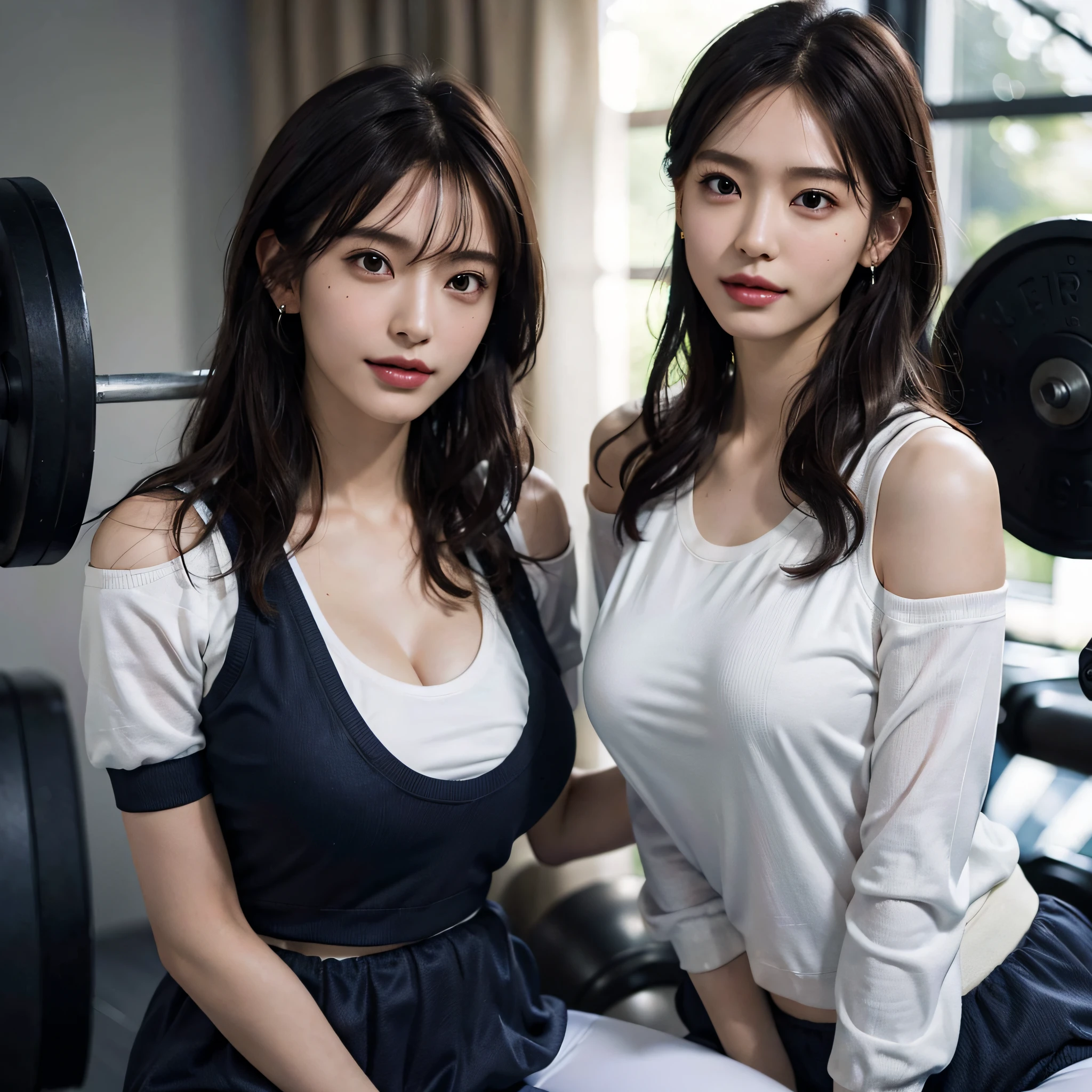 (very huge round breasts:1.5), (gym uniform:1.5), RAW photo, anatomically correct, extremely delicate and beautiful, masterpiece, Best Quality, ultra high resolution, 16k, hyperrealistic, ultra-detailed, Very detailed CG 8k wallpaper, Beautiful Lighting, Perfect Lightning, Realistic Shadows, super Detailed shiny skin, perfect figure, Japanese woman, late 20s, Slim body, Slim abdomen, very small head, handsome detailed woman, very detailed eyes and face, realistic face proportions, Stunning detailed eyes, Realistic beautiful face, very small face, Realistic small beautiful eyes, double eyelids, makeup, tearful mole, mole on chest, earring, short wavy hair, cleavage, bare legs, Soft midriff, Fine Collarbone, beautiful and very thin legs, beautiful and very thin thighs, off-shoulder, narrow waist