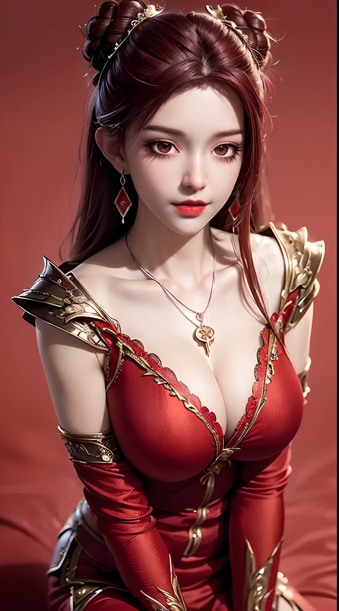 1 beautiful and sexy 20 year old girl, ((wearing a red suit of ancient armor:1.6)), dress with diamonds, ((long Red brown hair:1.6)), elaborate jewelry made from stones noble and beautiful hair, ((wearing a black lace necklace:1.4))), noble, noble style of an extremely beautiful girl, super cute little face, very pretty face, fur thin eyebrows, flawless beautiful face, ((black eye pupils: 0.8)), very beautiful eyes, ((fiery red-brown eyes: 1.6)), beautiful makeup and detailed hairdo, eyelashes, eye makeup wet, high nose, earrings, red lips, ((closed mouth: 1;5 )) beautiful lips, slim hands, ((arms spread out to the sides: 1.5)), rosy face, clean face, flawless beautiful face, smooth white skin, (big breasts: 1.5)), ((high breasts: 1.6)), firm breasts, nice cleavage, (((big and super round breasts: 1.8))) , ((super firm breasts: 1.7)) , beautiful breasts, perfect body, (((sitting position, leaning back and hands behind: 1.5))), ((chest puffed out: 1.5)) , don't be shy, 8k photos, super high quality, super realistic, super 10x pixels, optical, bright studio, bright edges, two-tone lighting, (high detail skin:1.2), super 8k, soft lighting , high quality, volumetric light, optical, optical high resolution, light, best photo, 4k, 8k quality, blur effect, smooth sharpness, 10 x pixels, ((flower red background:1.5)), aurora, lightning, super realistic graphics, most realistic graphics, alone, solo, Extremely sharp, surreal images, (((frontal portrait: 1.4)))."