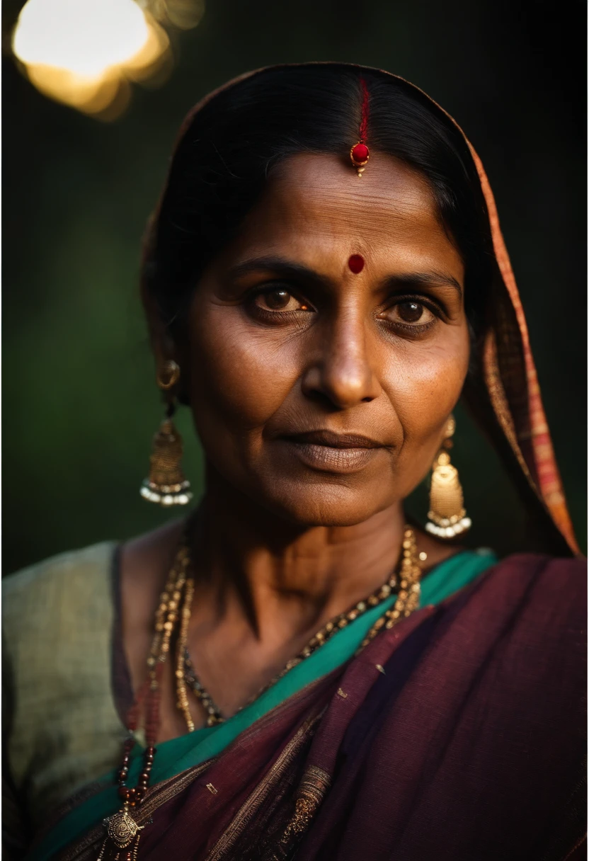 portrait of an indian village woman in forest in Himachal pradesh, clear facial features, Cinematic, 35mm lens, f/1.8, accent lighting, global illumination –uplight