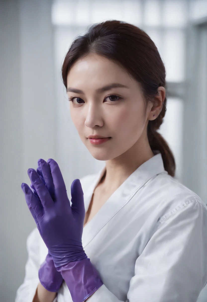 Meilin from Advanced Metal Gear Research Institute. Highly realistic. rubber glove、Purple rubber gloves、Purple cooking gloves、Long gloves、Glossy gloves、Glossy apron、Wear a mask、Rubber Mask、The perfect surgical mask、Glossy mask、Purple mask