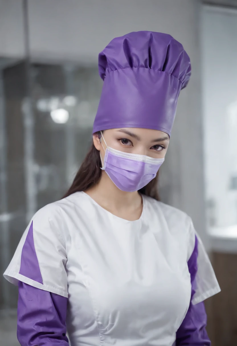 Meilin from Advanced Metal Gear Research Institute. Highly realistic. rubber glove、Purple rubber gloves、Purple cooking gloves、Long gloves、Glossy gloves、Glossy apron、Wear a mask、Rubber Mask、The perfect surgical mask、Glossy mask、Purple mask