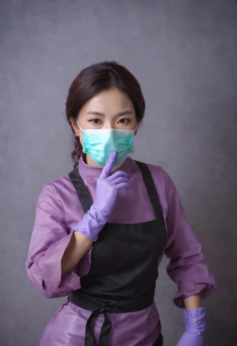 Meilin from Advanced Metal Gear Research Institute. Highly realistic. rubber glove、Purple rubber gloves、Purple cooking gloves、Long gloves、Glossy gloves、Glossy apron、Wear a mask、Rubber Mask、The perfect surgical mask、Glossy mask、Purple mask