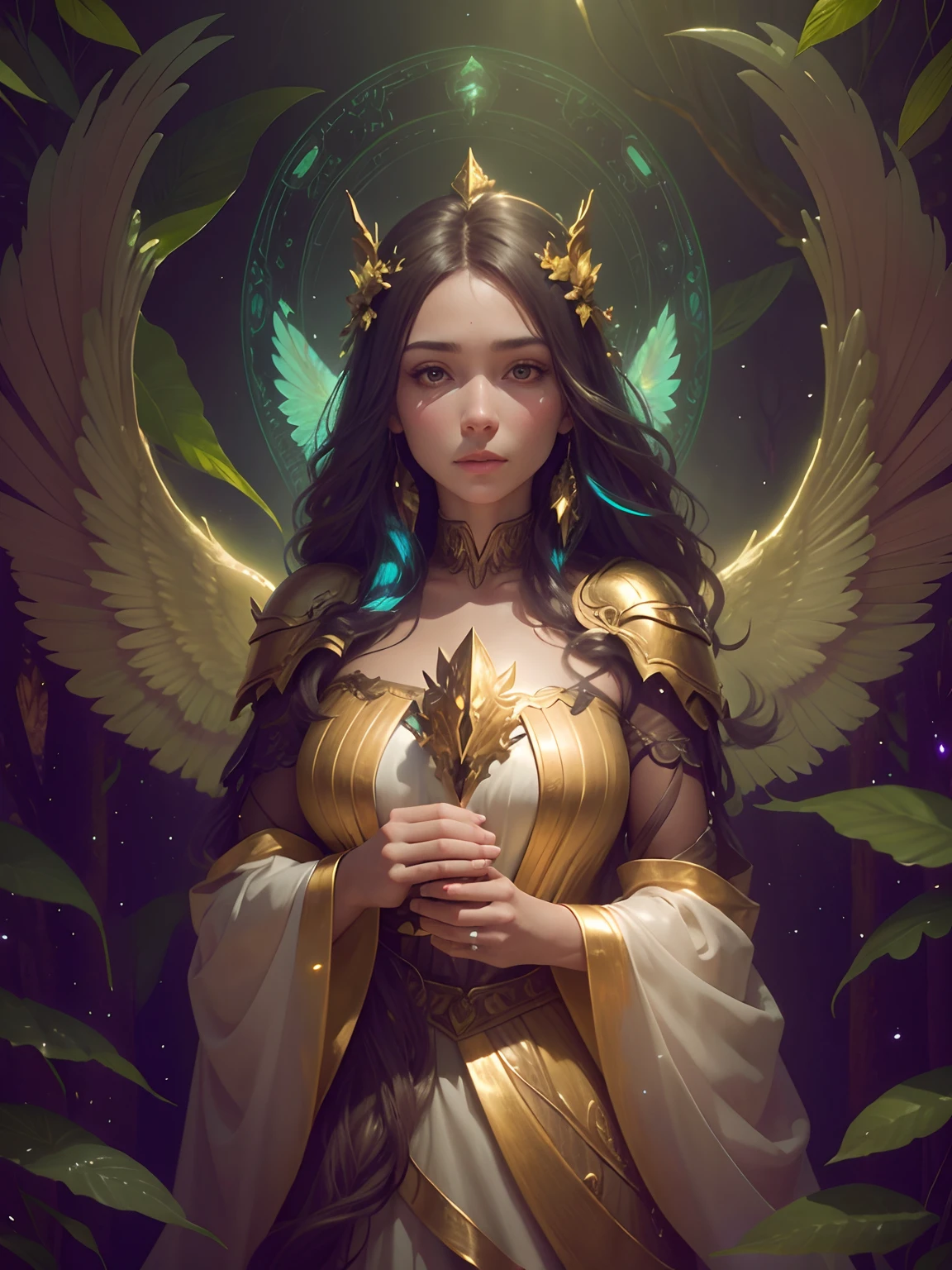 Guardian of the Enchanted Grovean armored woman with iridescent, wing-like pauldrons, full body shot, long shot, standing tall amidst an ethereal grove of towering, luminescent mushrooms, the forest floor covered in sparkling dewdrops, a mystical aura emanating from her presence, the air filled with a soft, golden glow, captured through a hyper-realistic digital painting with a focus on intricate details and a seamless blend of natural and magical elements, rendered using a combination of Blender and Photoshop.
