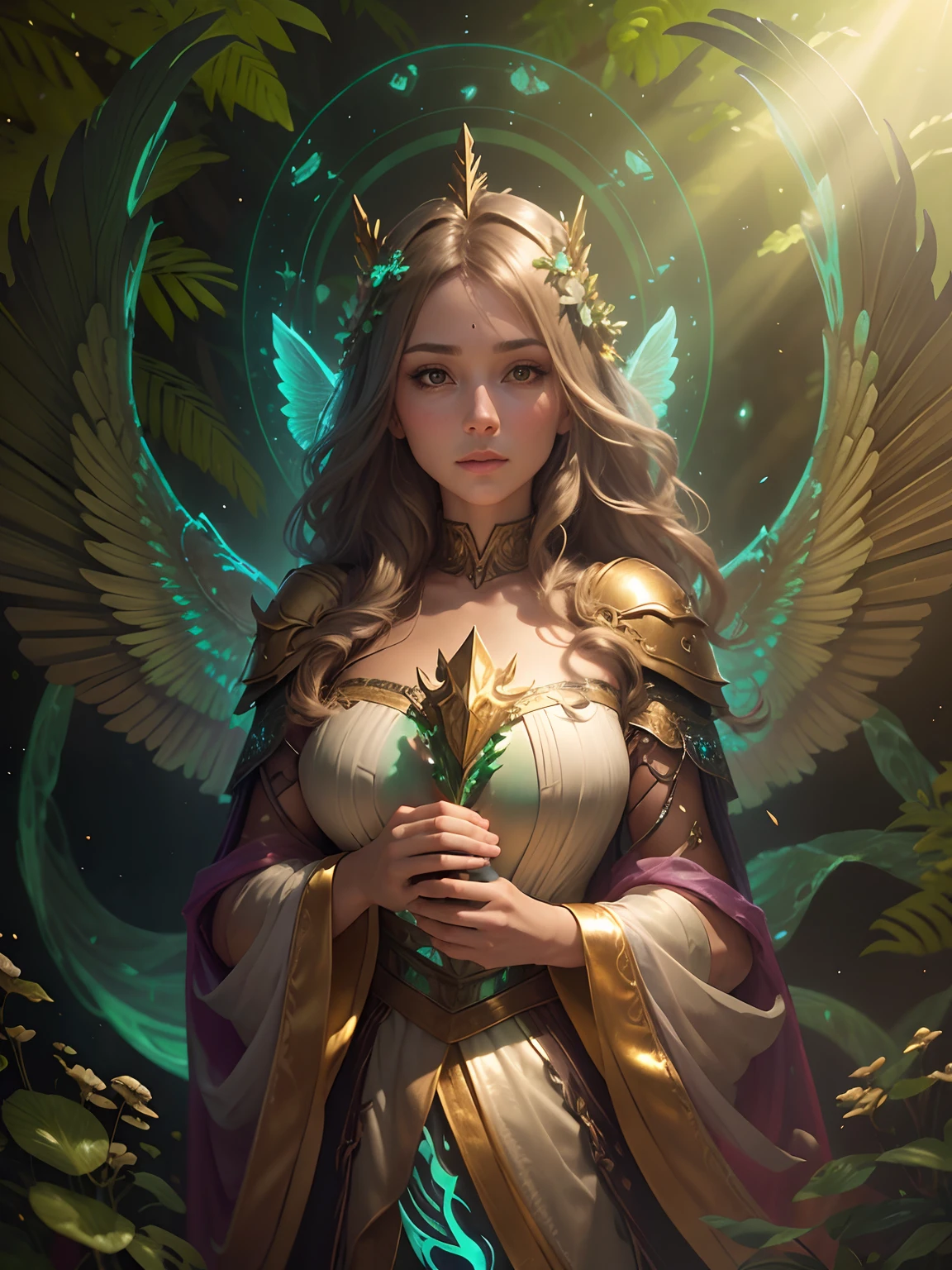 Guardian of the Enchanted Grovean armored woman with iridescent, wing-like pauldrons, full body shot, long shot, standing tall amidst an ethereal grove of towering, luminescent mushrooms, the forest floor covered in sparkling dewdrops, a mystical aura emanating from her presence, the air filled with a soft, golden glow, captured through a hyper-realistic digital painting with a focus on intricate details and a seamless blend of natural and magical elements, rendered using a combination of Blender and Photoshop.
