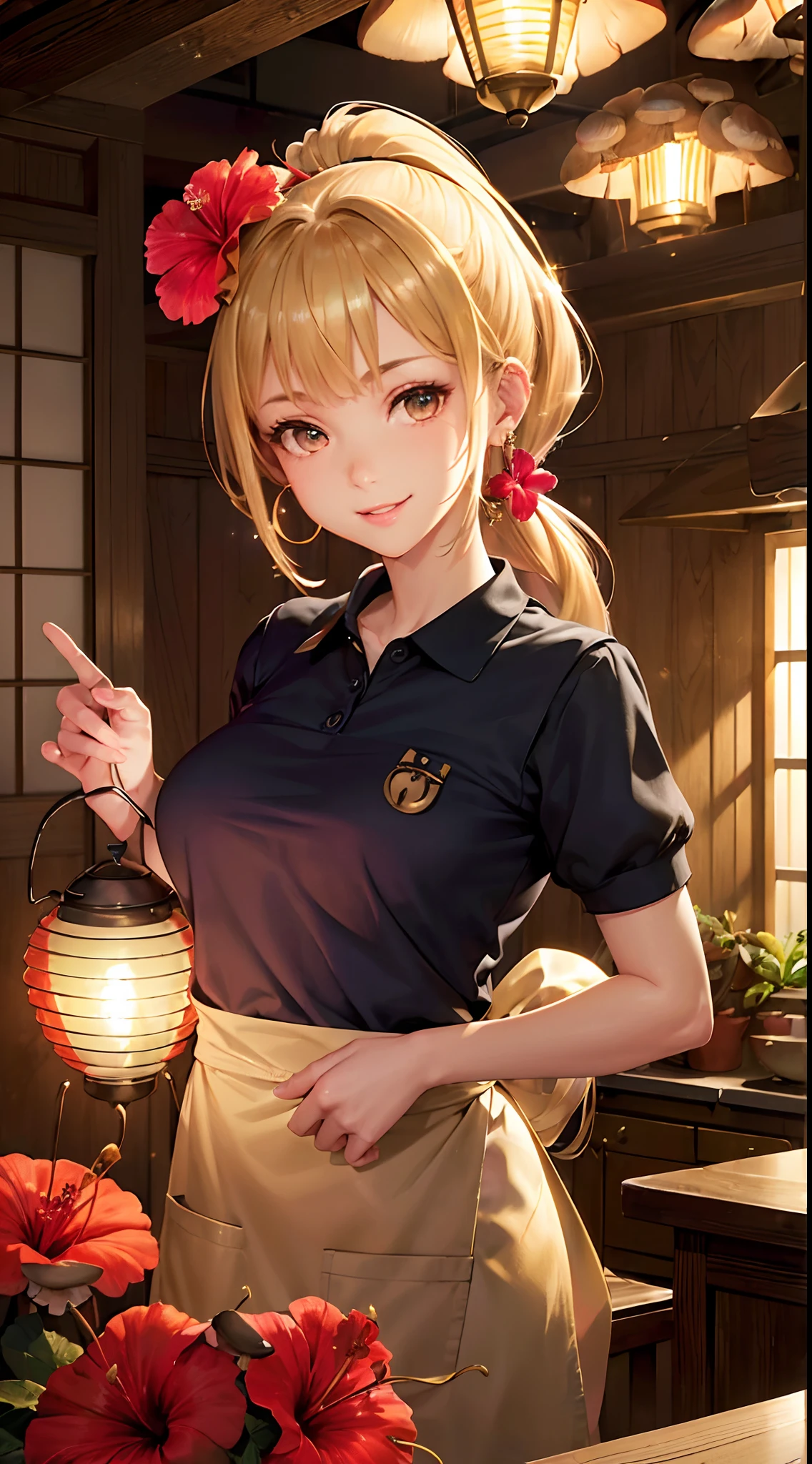 (super model), (mushroom earring), (starly eyes:1.2), (sparkle skin:1.2), (gold hair, ponytail:1.2), (cozy mood:1.2), (smile), open mouth, (number 1 pose), break
medium breast, (wearing polo shirt and GARCON apron:1.2), (brassiere), (mushroom on head:1.3), (from below:0.2), looking viewer, (focus face:1.2), (close-up), standing, break
aquarium, chair, bag, accessories, jewelry,
(hyperrealistic, raw photo), (hibiscus lantern, lamp:1.3), (photo luminescence:1.3), (fluorescence:1.3),