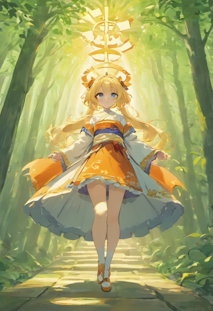Anime game Arcane Garden's of the Great White Empire - Girl, short, long hair, pale yellow hair, gradient, orange-white hair ends, blue eyes, gray-orange pupils, lilac hairpin, French lily, orange ribbon, gray-green cape dress, lilac-black dress, white foliage patterns, translucent skirt, white stockings, green boots, porch of a Shinto shrine, forest, rare rays of the sun