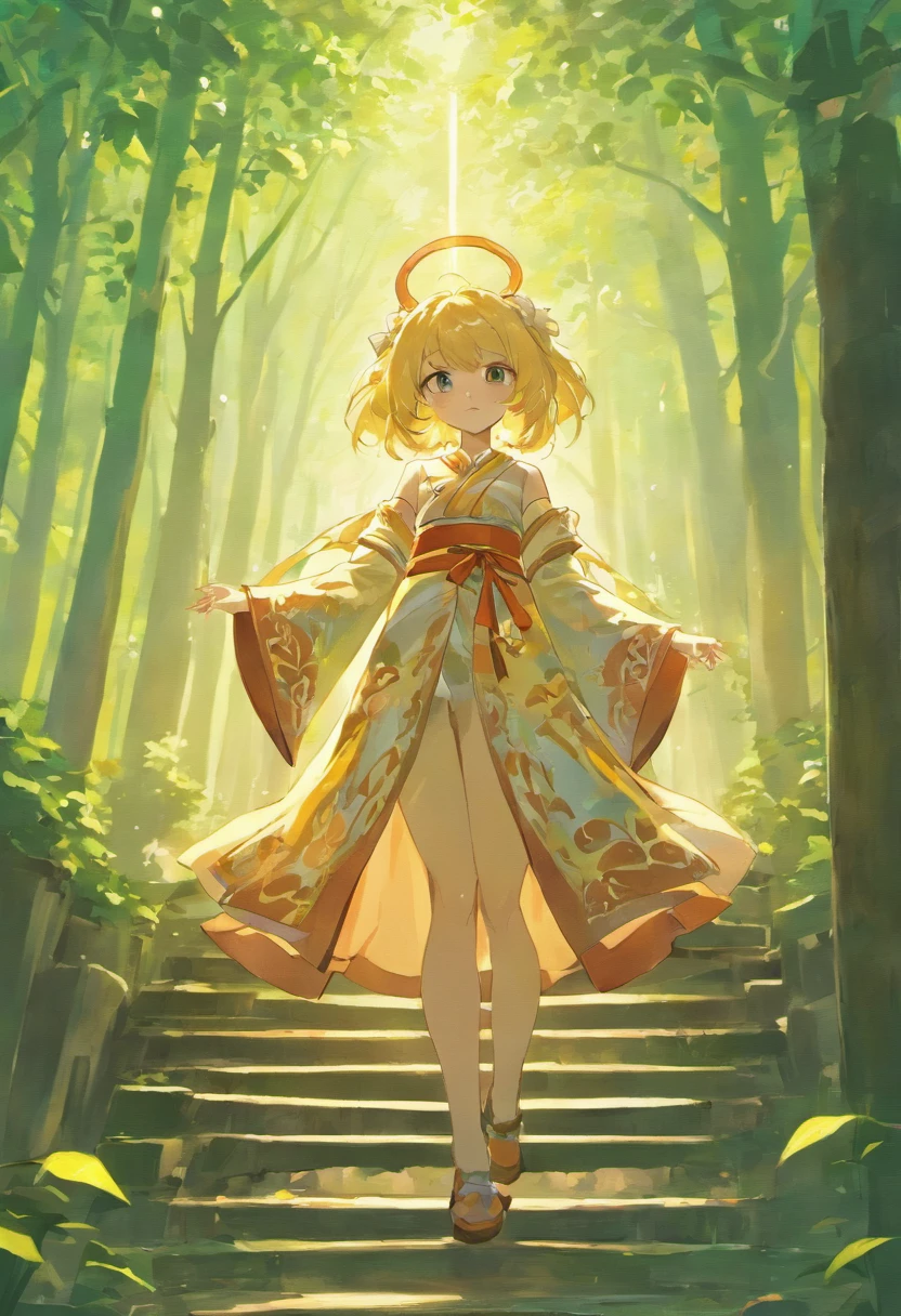 Anime game Arcane Garden's of the Great White Empire - Girl, short, long hair, pale yellow hair, gradient, orange-white hair ends, blue eyes, gray-orange pupils, lilac hairpin, French lily, orange ribbon, gray-green cape dress, lilac-black dress, white foliage patterns, translucent skirt, white stockings, green boots, porch of a Shinto shrine, forest, rare rays of the sun