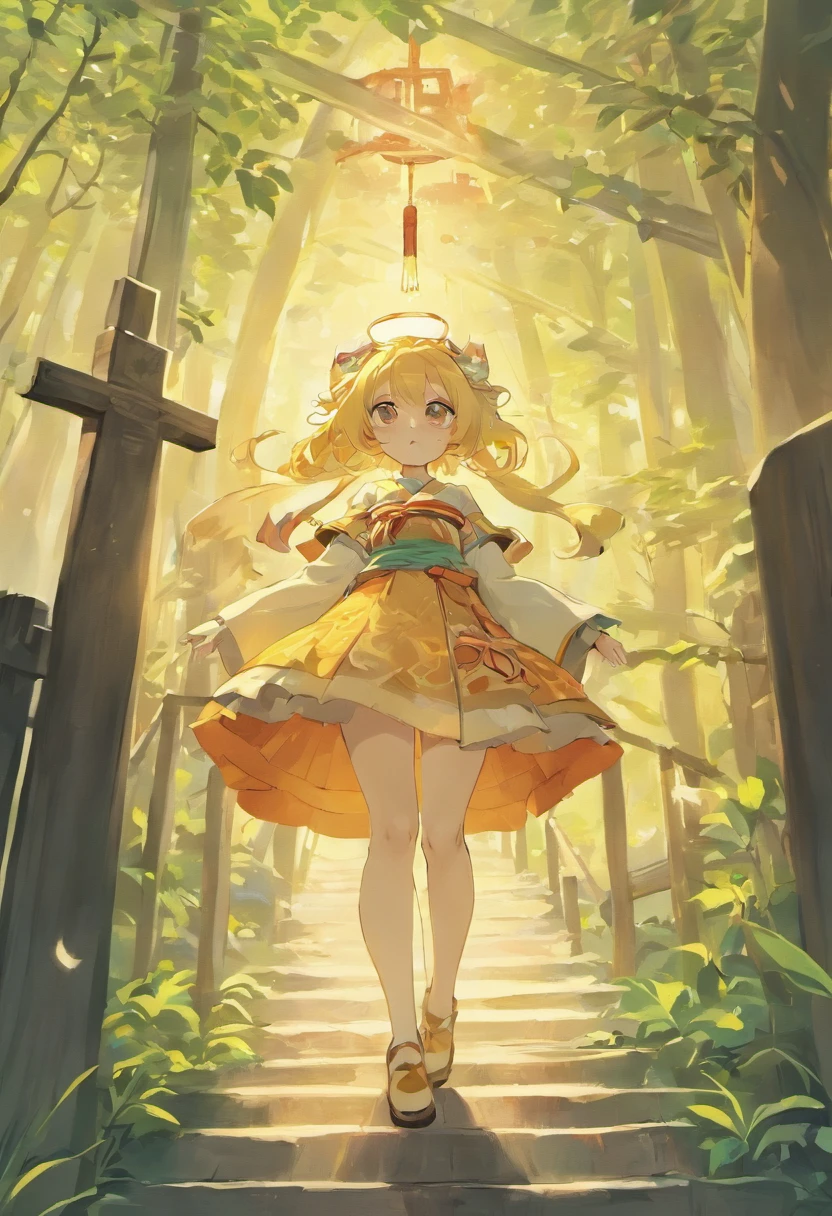 Anime game Arcane Garden's of the Great White Empire - Girl, short, long hair, pale yellow hair, gradient, orange-white hair ends, blue eyes, gray-orange pupils, lilac hairpin, French lily, orange ribbon, gray-green cape dress, lilac-black dress, white foliage patterns, translucent skirt, white stockings, green boots, porch of a Shinto shrine, forest, rare rays of the sun