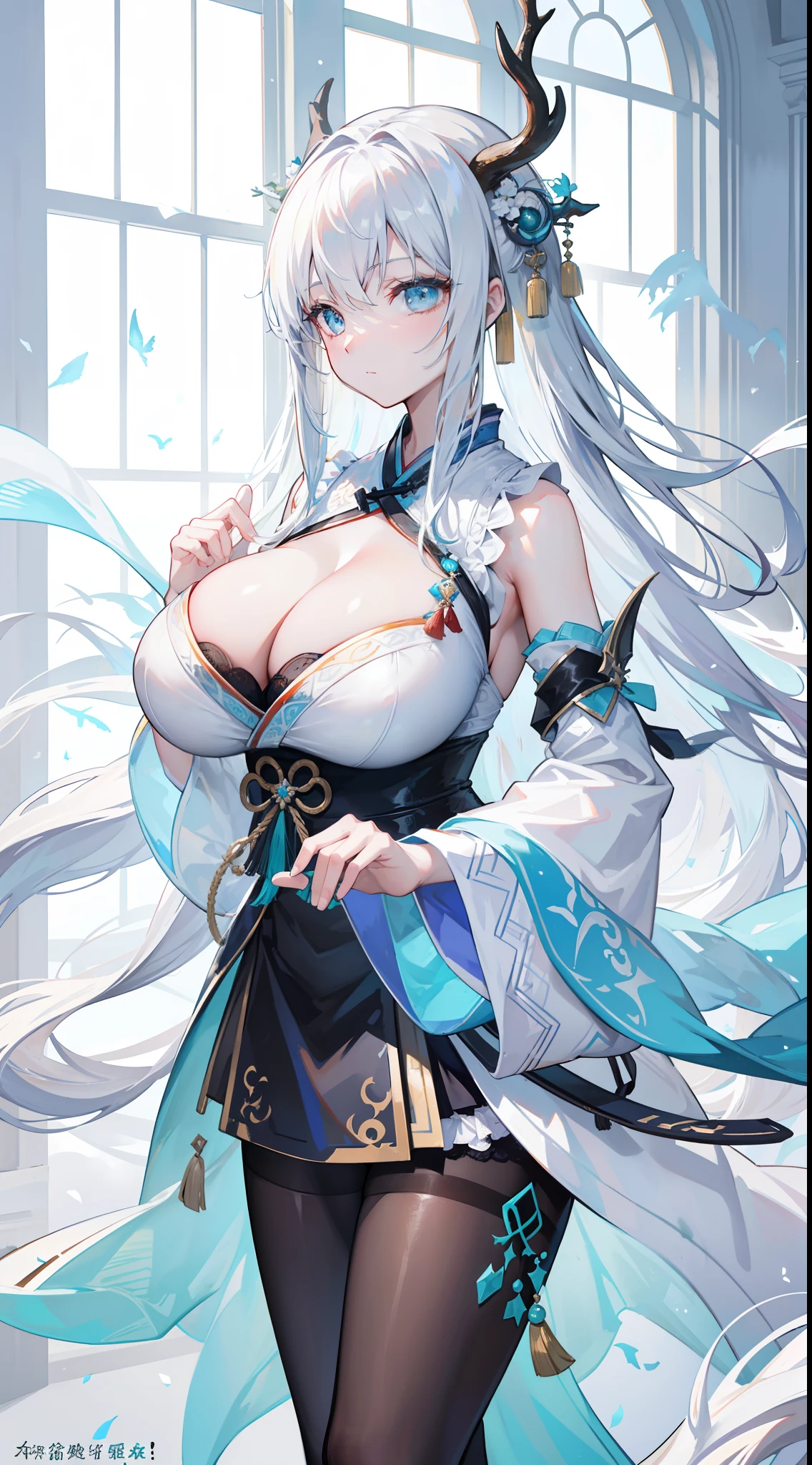 Frustrated text,Dragon's horn,deer antlers,Portrait,Realistic effect,Female pervert,White-haired girl,Messy hair,Ancient wind,cyan colors,cyan colors,Cyan Hanfu(Delicate and mysterious antique patterns),high-heels,The expression after the climax,winning artwork,Silhouette effect,Epic composition,Stand in front of a window with falling snow(Ancient wind),(Antique background)Need,8K,The human body light and shadow effect is three-dimensional,Delicate face,(in the darkness nigth:1.6),Fantasyart,photographrealistic,动态照明,art stations,poster for,Volumetriclighting,Very detailed faces,4 k'',Award-Awarded, low tune, Cowboy shot, (Hanfu:1.4), long whitr hair,(Super huge))),(((Super huge breasts))),Side breasts,Lower breast,cropped shoulders,鎖骨,lacepantyhose,nabel,Lower chest,((black pantyhoses)),((cleavage))