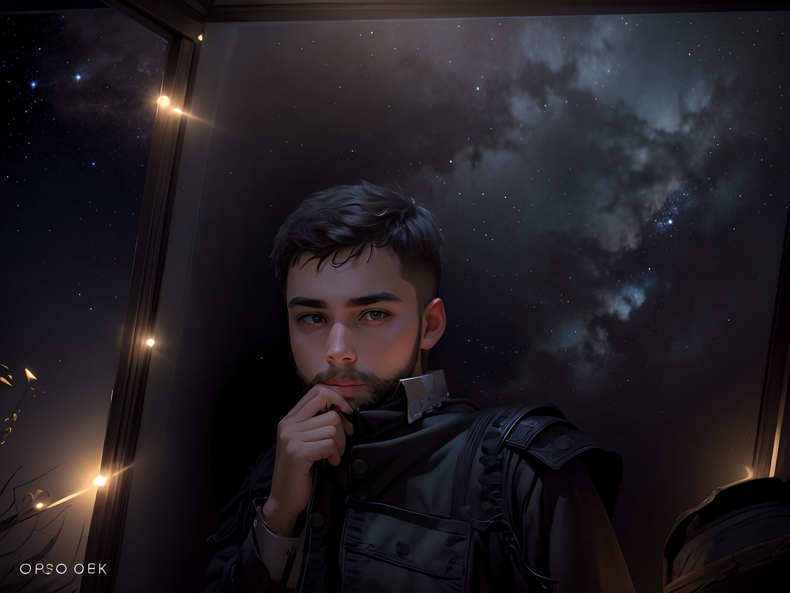 Background black sky with bright stars boy in light and shadow with small beard