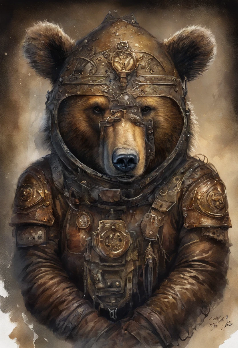 maximum quality, Dramatic lighting, menacing pose, fierce expression, epic atmosphere, (((Bear head shaped helmet))), (((full body shot))),a bear made out of metal, cyborg, cyberpunk style, clockwork, ((intricate details)), hdr, ((intricate details, hyperdetailed)), incandescent lamps, cinematic shot, vignette, bokeh effect beckground, (canines), (full body shot).