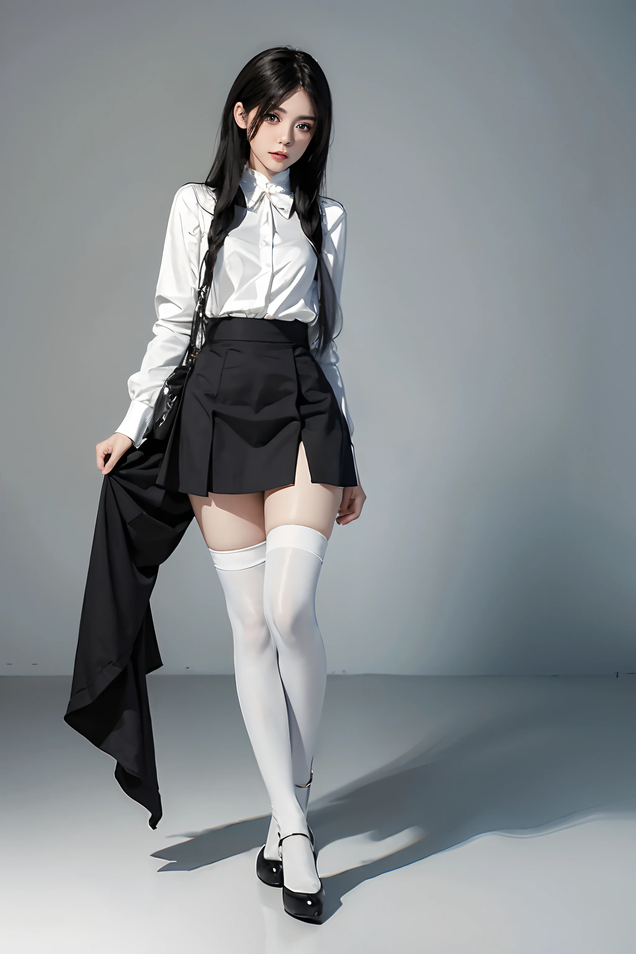 ((masterpiece, best_quality)), 1girl, (photorealistic:1.4), solo, white_background, black_hair, long_hair, zettai_ryouiki, skirt, ((full_body)),
