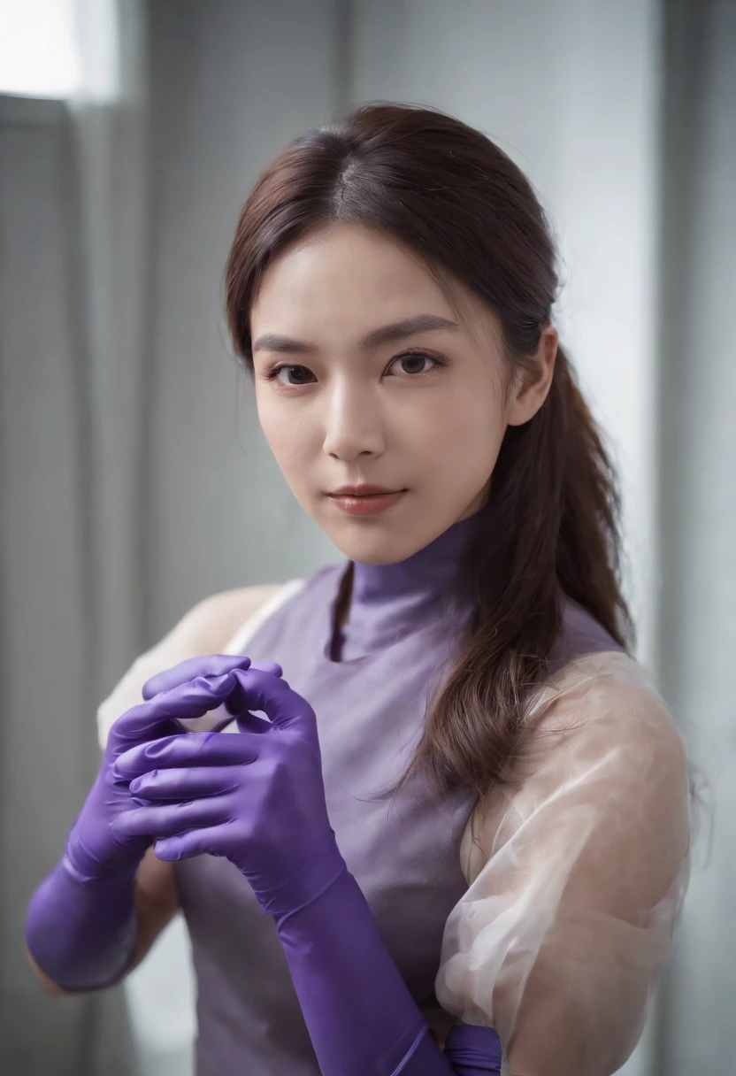 Meilin from Advanced Metal Gear Research Institute. Highly realistic. rubber glove、Purple rubber gloves、Purple cooking gloves、Long gloves、Glossy gloves、Glossy apron、Gripping the、Getting wet with 、cum shots、Wea mask、Rubber mask、
