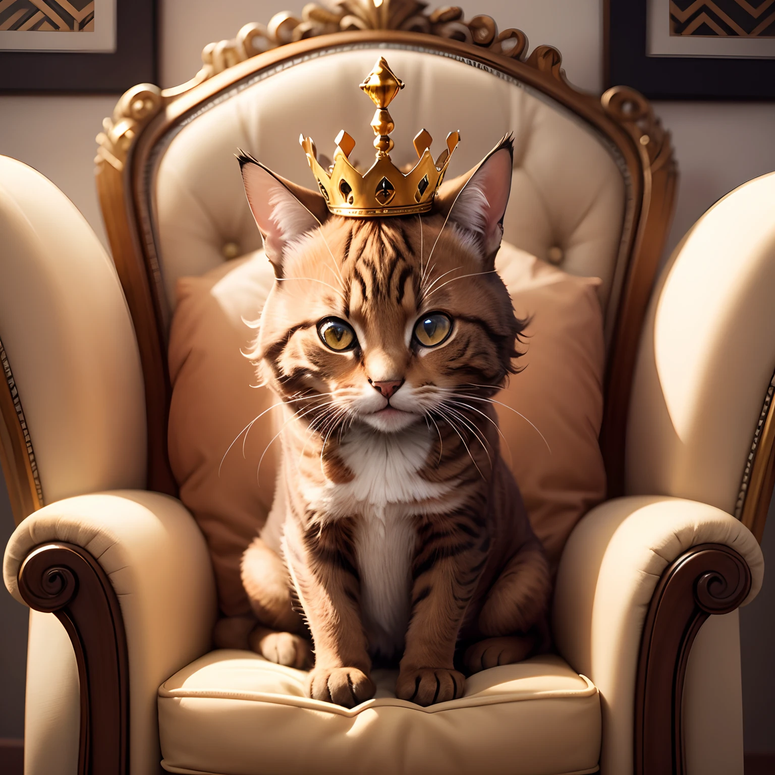 Brown cat sitting like a queen crown on her head and toung licking