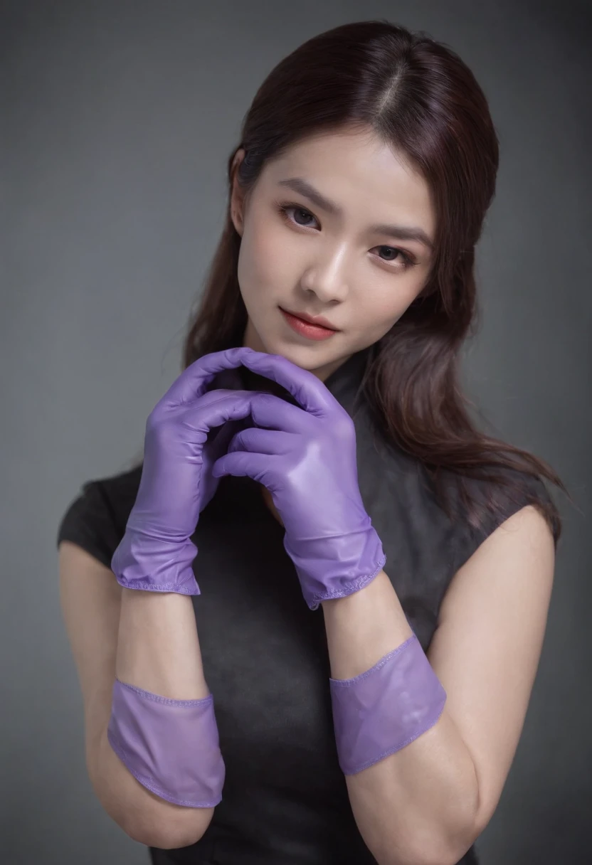 Meilin from Advanced Metal Gear Research Institute. Highly realistic. rubber glove、Purple rubber gloves、Purple cooking gloves、Long gloves、Glossy gloves、Glossy apron、Wear a mask、Rubber Mask、The perfect surgical mask、Gloss mask、Purple Mask