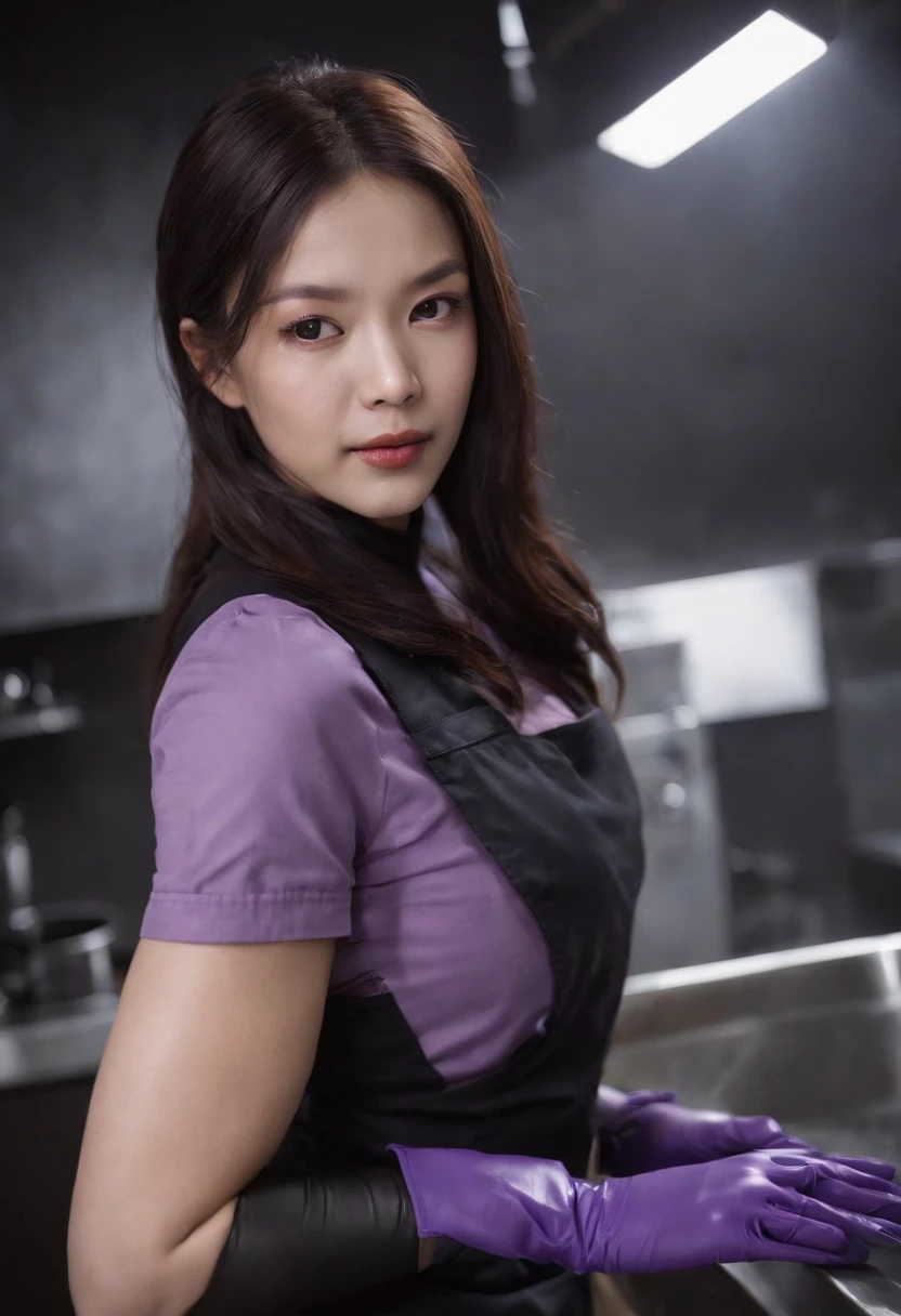 Meilin from Advanced Metal Gear Research Institute. Highly realistic. rubber glove、Purple rubber gloves、Purple cooking gloves、Long gloves、Glossy gloves、Glossy apron、Wear a mask、Rubber Mask、The perfect surgical mask、Gloss mask、Purple Mask