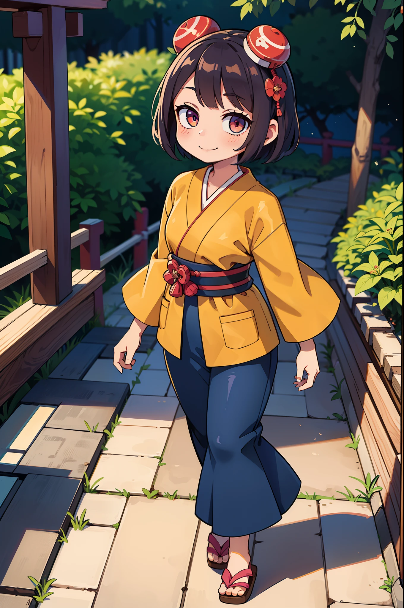 Woodblock prints and ink, A girl turned around, Clothing product samples , kawaii, smile, with colored contacts in her eyes, Accessories, full body,walking , in summer , Kinkakuji Temple in Kyoto