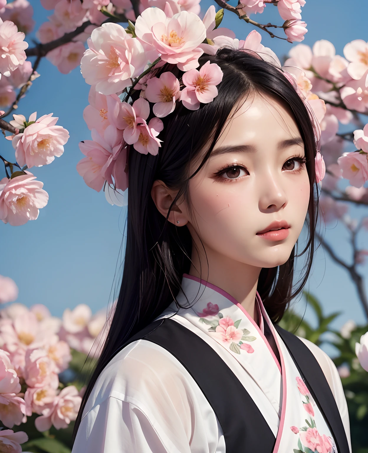 In the background is a hazy blooming flower,Consistent tone,Pink and white main colors,blue-sky,one-girl,Asian people,Exquisite facial features,Black hair,China-style,k hd,8K