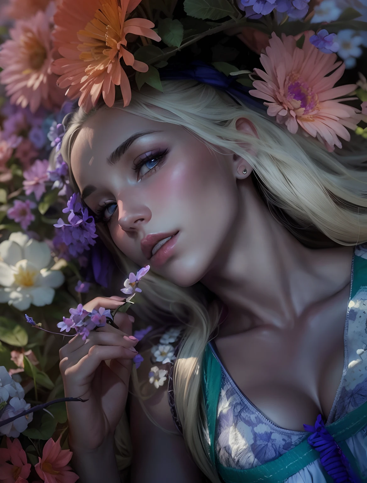 Métis Girl, very sexy, with very large breasts, habit de couleur violet, lying on the flowers, 22 ans