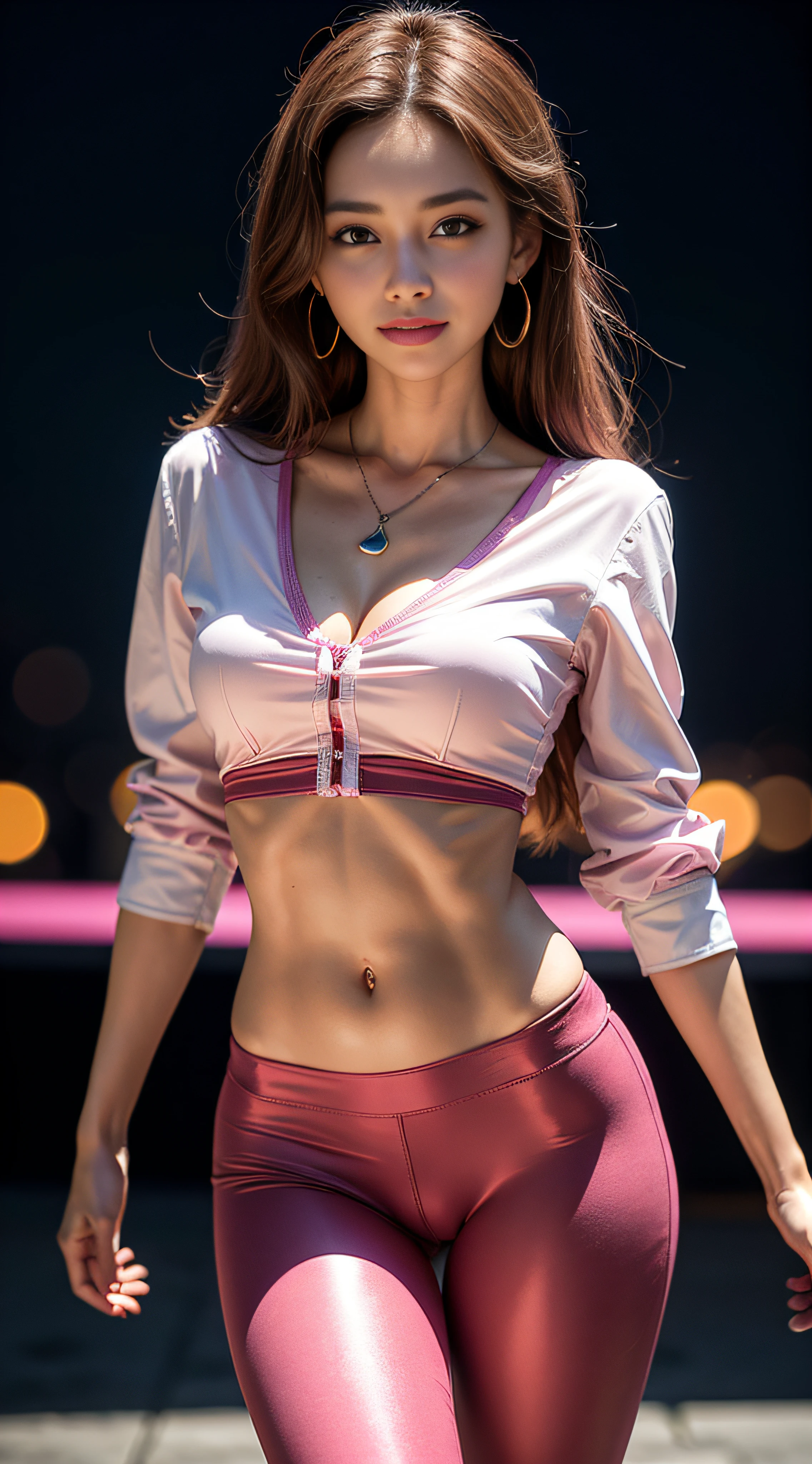 8k, masterpiece, RAW photo, best quality, photorealistic, extremely detailed CG unity 8k wallpaper, Depth of field, Cinematic Light, Lens Flare, Ray tracing, (extremely beautiful face, beautiful lips, beautiful eyes), intricate detail face, ((ultra detailed skin)) 1girl, in the dark, deep shadow, pretty korean girl, kpop idol, 1 girl, (very slim slender fit-muscled body:1.3), ((looking at viewer)),(big smile:1.3), (tight pink pants), (laced pants), (midnight, dark night, (neon sign), (blurred background), dim light), (without people in the background:1.3), beautiful earrings, bracelets, necklace, pantyhose, clear eyes, walking , front shot, (pale skin), (big eyes), face forward, (full body shot), ((silk hot pink shirt)), (brown hairs), (laced shirt), open navel, (looking at viewer:1.3) very slim, medium breasts, ((camel toe)), thick thighs