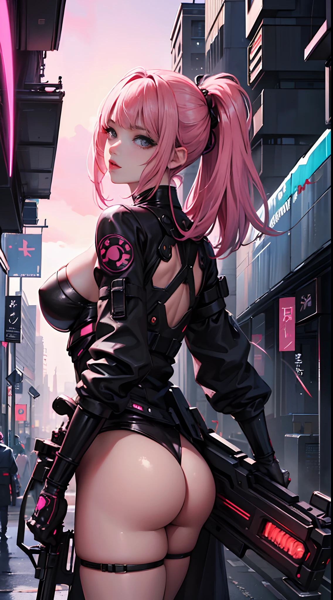 a female cyborg,soft Nsfw,back shot,erotic posing,doujin,hentai,kawaii,stylish,pussy,busty, pubic hair,glamour,pink color tone,psychedelic costume,armored,A Cyberpunk dystopian girl,fantasic dystopia,dystopian scape,bladerunner,ghost in the shell,photorealistic,psychedelic colourful tone,posing,armed,guns,weapons,masterpiece,ultimate detailed,8k,detailed background