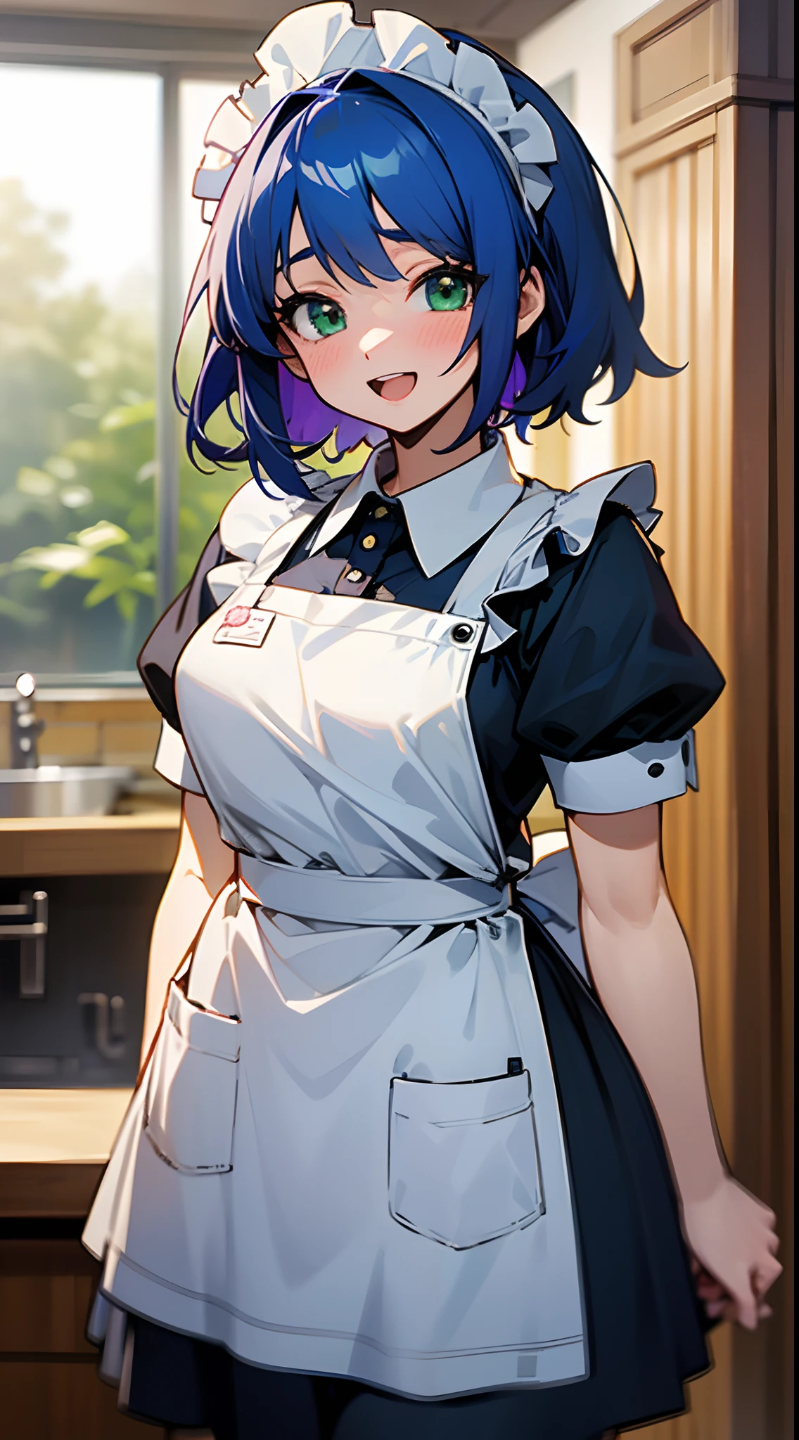 (Best Quality,4K,hight resolution,Ultra-detailed:1.2),Anime style,Food and table、20 year old girl standing、Animated picture,Wearing an apron,smile shy,Blushing,Solo Focus,White Apron,shiny dark blue hair,Short straight hair,Green eyes,Looking at Viewer,mead,Indoors,Open mouth,Short sleeves,Maid headdress,Beautiful Girl,Anime Maid.