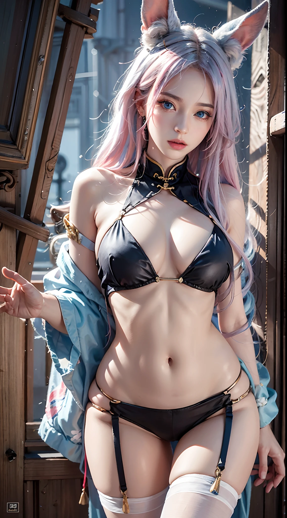 photorealistic, masterpiece, photorealistic, high resolution, soft light, hips up, (blue eyes, pink hair), rabbit ears, cheongsam