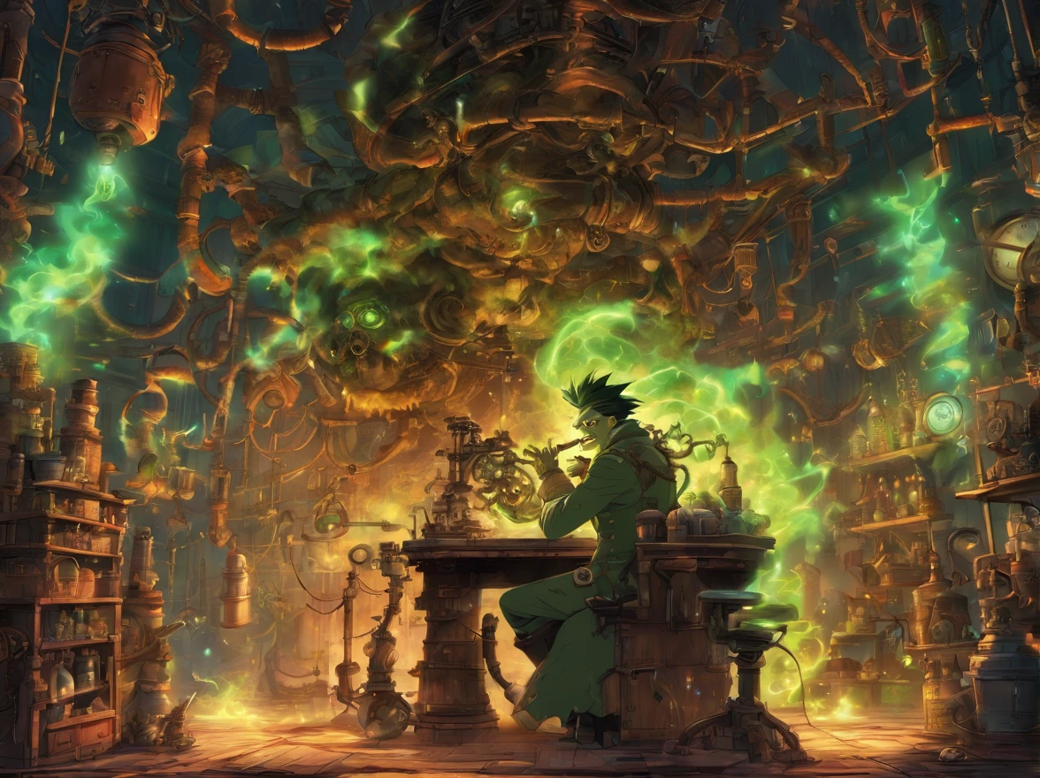 Steampunkai, crazy inventor, creating in his laboratory, al (frankenstein's monster), frankestien performing experimants on humans