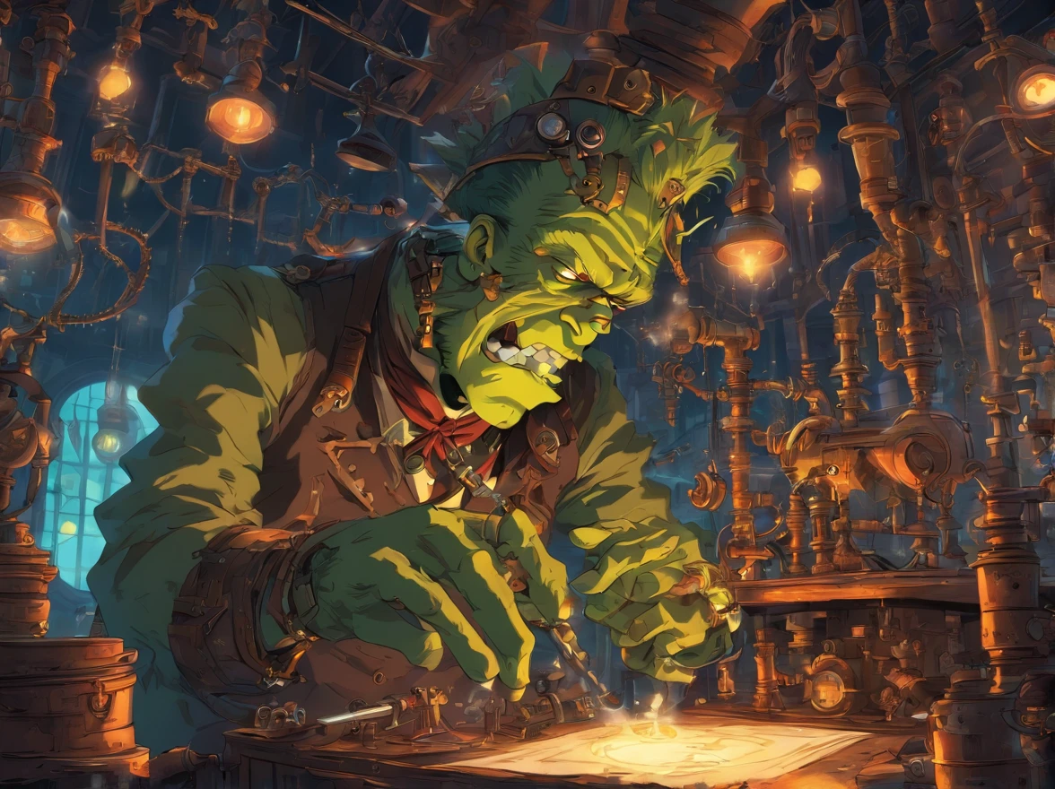 Steampunkai, crazy inventor, creating in his laboratory, al (frankenstein's monster), frankestien performing experimants on humans