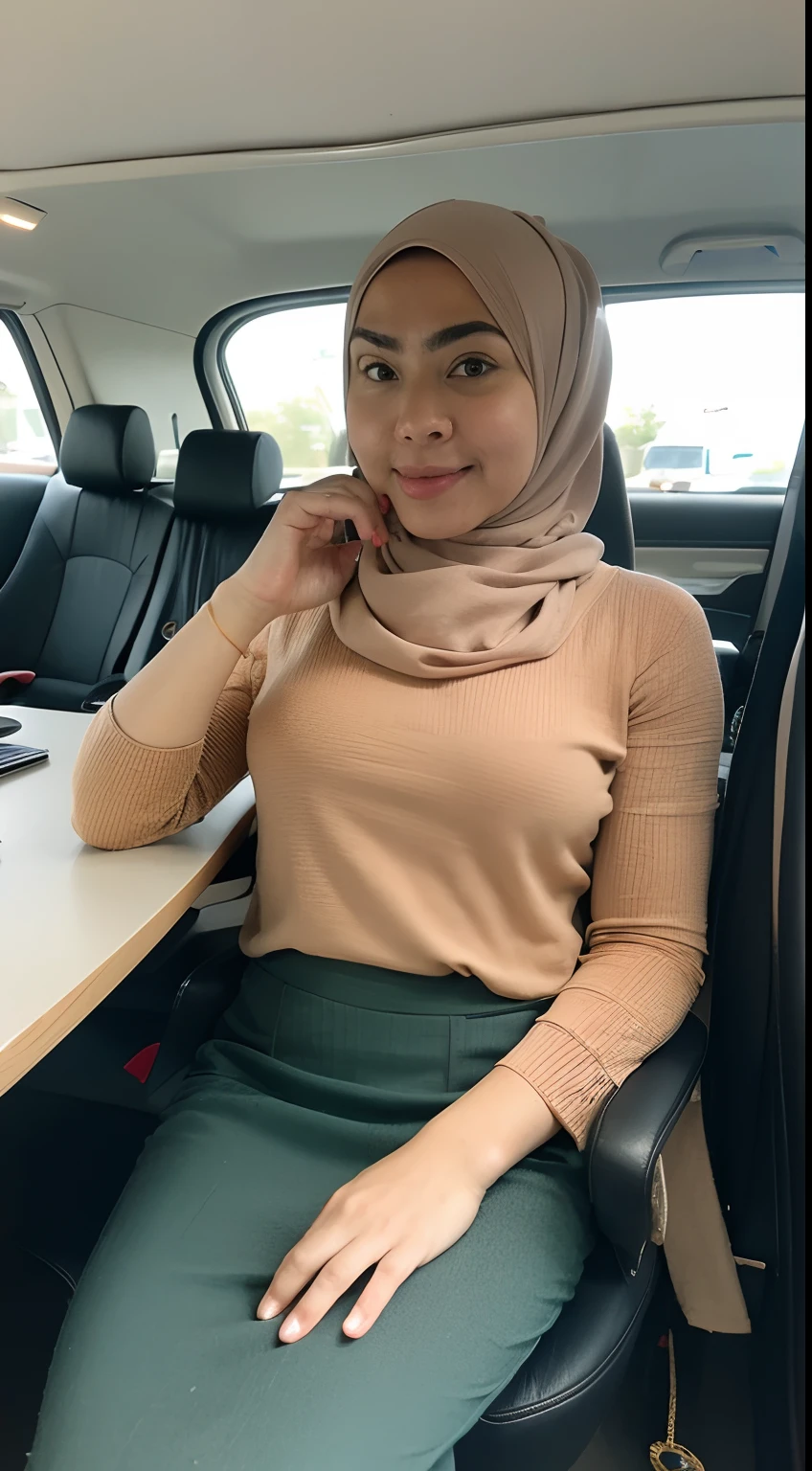 ((Best quality, 8k, Masterpiece :1.3)), malay girl in hijab, Sharp focus:1.2, Perfect Body Beauty:1.4, Slim Abs:1.2, ((Big breasts:1.2)), (Tank top shirt:1.1 ), (Street:1.2), Highly detailed face and skin texture, Fine eyes, Double eyelids, Seduction, short skirt, flight attendant, office chair, hip skirt, Big breasts do not leak points, high-definition facial features, 8K