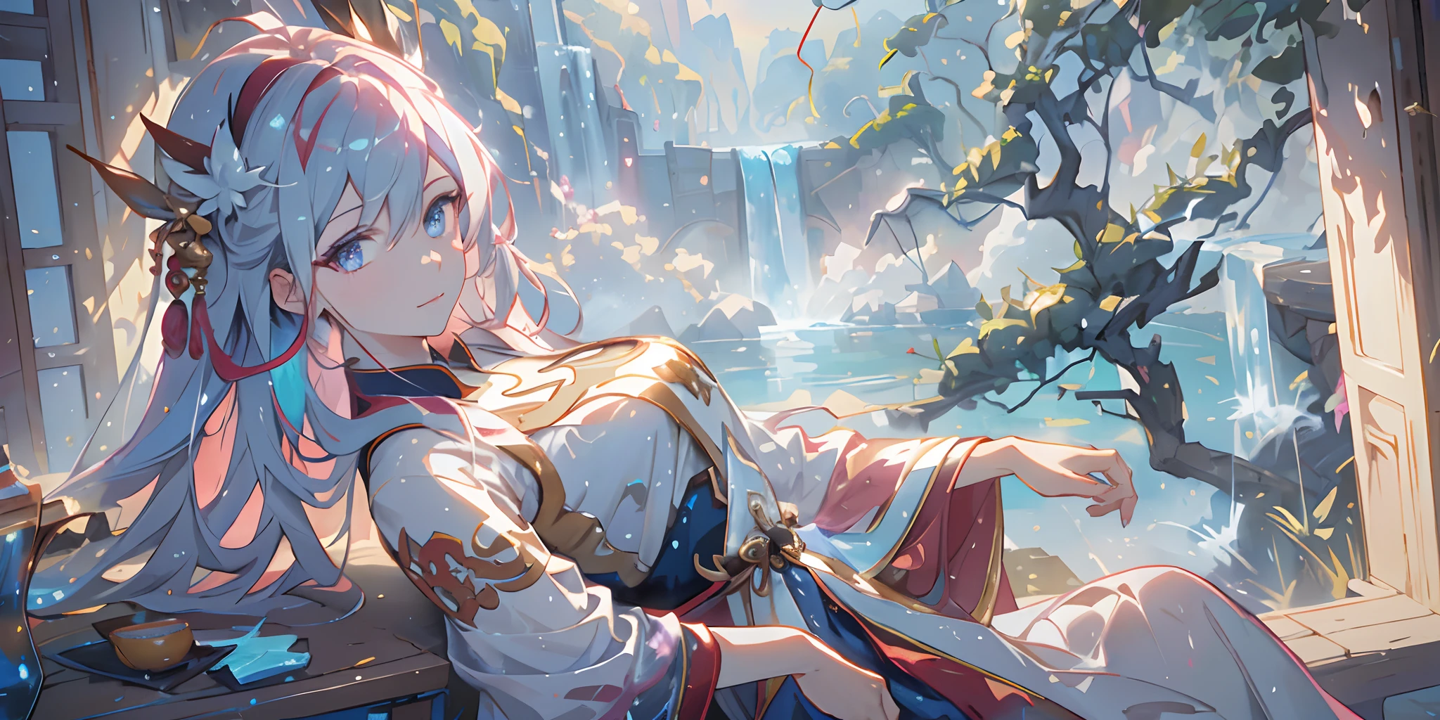 High resolution, unreal engine 5, ultra detailed, HD, professional, Lens flare, prefect face, perfect body, ultra detailed eyes, colourful eyes, colourful hair,(best quality,4k,highres,masterpiece:1.2),ultra-detailed,realistic,a girl playing the game in an ancient Chinese palace floating above the clouds, surrounded by mist and clouds, glazed tiles reflecting vibrant colors, a waterfall cascading down from one side of the palace