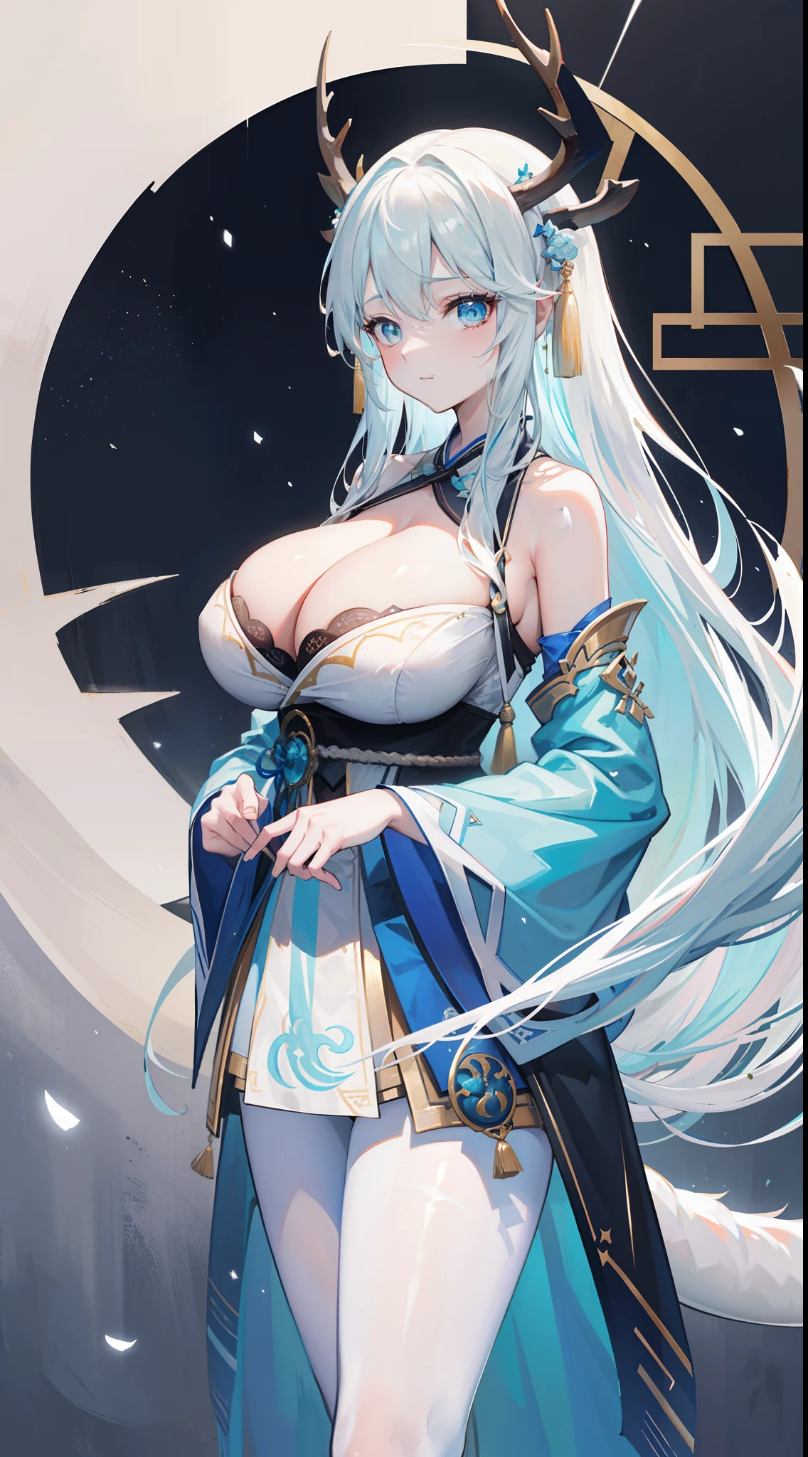 Frustrating text,ssmile,Dragon's horn,deer antlers,Portrait,Realistic effect,Female pervert,White-haired girl,Messy hair,Ancient wind,cyan colors,cyan colors,Cyan Hanfu(Delicate and mysterious antique patterns),high-heels,The expression after the climax,winning artwork,Silhouette effect,Epic composition,Stand in front of a window with falling snow(Ancient wind),(Antique background)Need,8K,The human body light and shadow effect is three-dimensional,Delicate face,(in the darkness nigth:1.6),Fantasyart,photographrealistic,动态照明,art stations,poster for,Volumetriclighting,Very detailed faces,4 k'',Award-Awarded, low tune, Cowboy shot, (Hanfu:1.4), long whitr hair,(Super huge))),(((Super huge breasts))),Side breasts,Lower breast,cropped shoulders,鎖骨,lacepantyhose,nabel,Lower chest,((black pantyhoses)),((cleavage)),((Pubic bone))