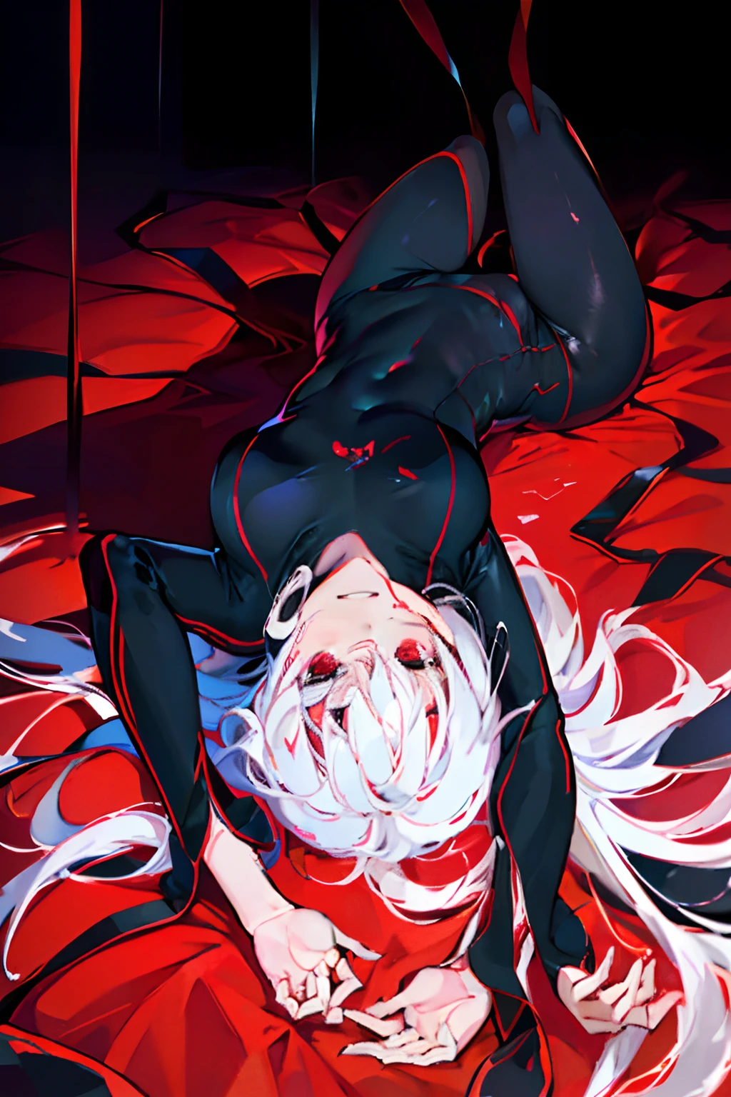 Black full body suit Red lines all over the body 3 girl seductiv a smile succubus lie down
