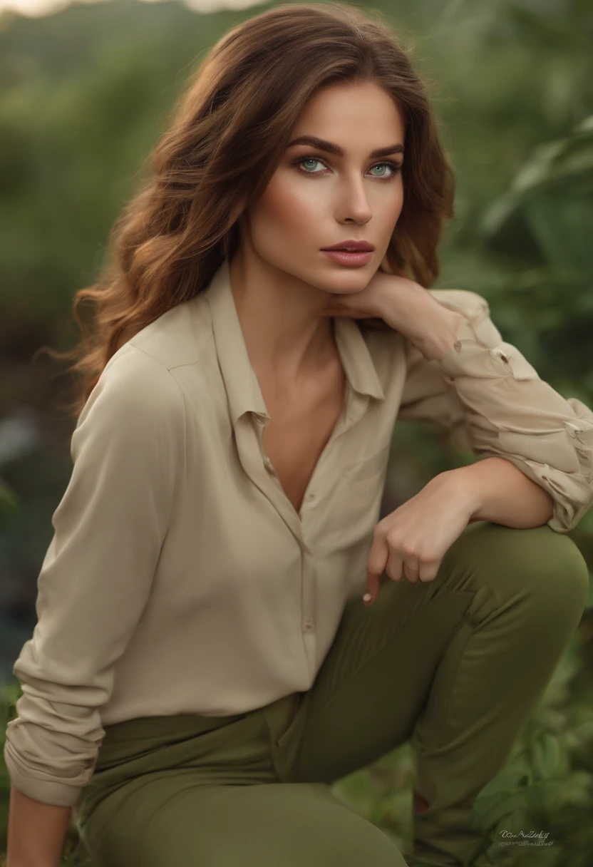 Girl with brown hair and green eyes in tight, light beige khaki pants bending over green sludge on her