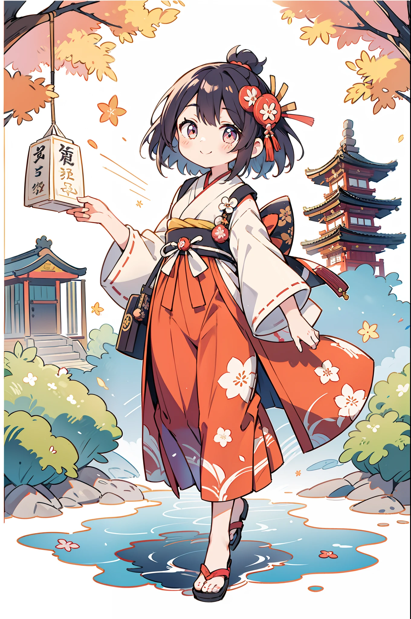 Woodblock prints and ink, A girl turned around, Clothing product samples , kawaii, smile, with colored contacts in her eyes, Accessories, full body,walking , in summer , Kinkakuji Temple in Kyoto
