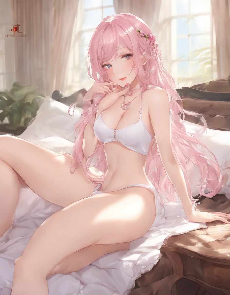 Beautifully illustrated、top-quality、Lovely royal sister、Bedroom、A pink-haired、long whitr hair、huge tit、a navel、showing white panties、Take off your skirt,The reveal panties、Bare legged、eBlue eyes,girl,shackle,binding,锁链,Sexual sexual toy,kneeling down,leaked pee,nakeness,A masturbation stick is inserted into the