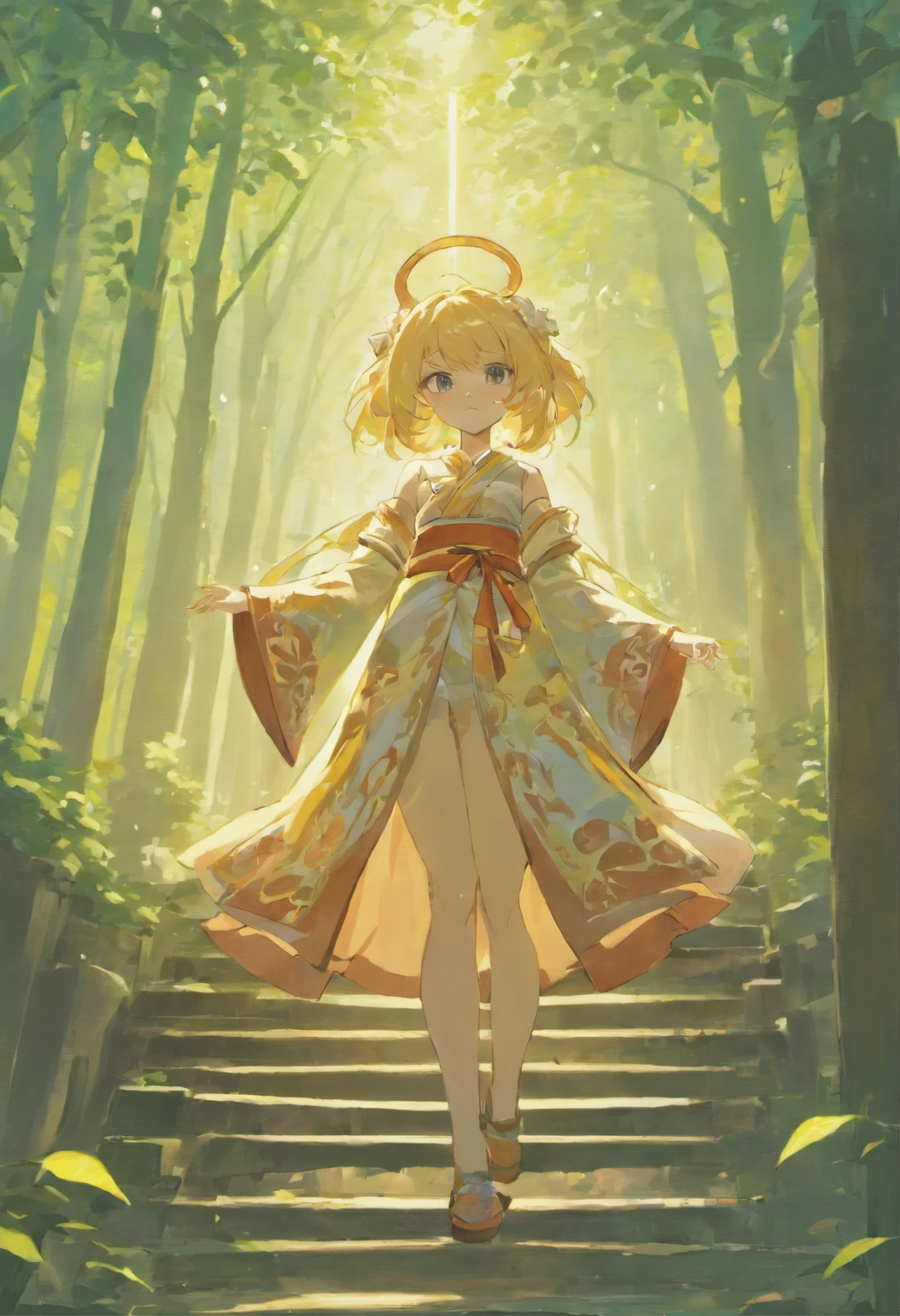 Anime game Arcane Garden's of the Great White Empire - Girl, short, long hair, pale yellow hair, gradient, orange-white hair ends, blue eyes, gray-orange pupils, lilac hairpin, French lily, orange ribbon, gray-green cape dress, lilac-black dress, white foliage patterns, translucent skirt, white stockings, green boots, porch of a Shinto shrine, forest, rare rays of the sun