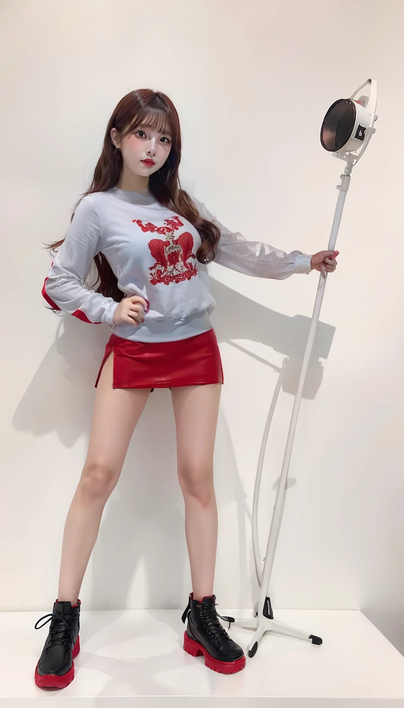 Young woman in red tight skirt、long red-brown hair、Stand Microphone、large full breasts、Skirt with slit
