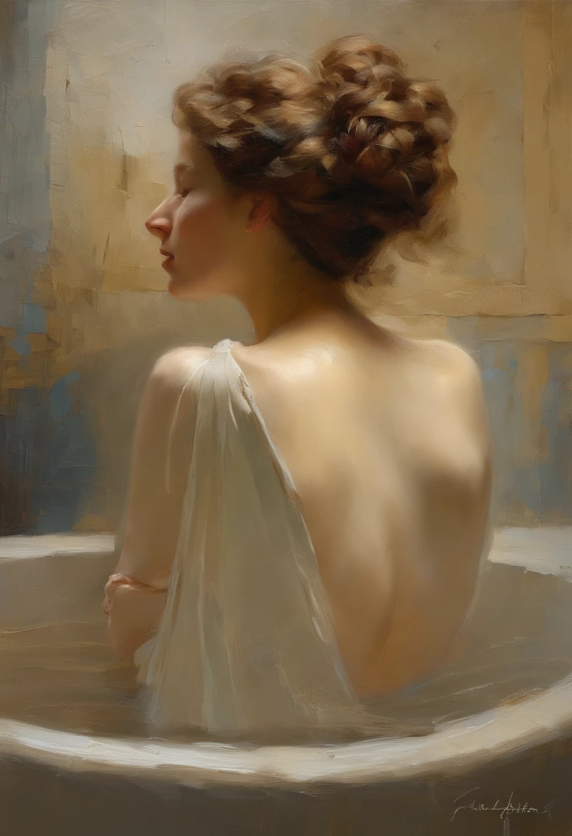 ((golden ratio}} A Highly detailed realistic oil painting of a elegant woman relaxing in wooden bath tub, with her back to viewer, her back is in full view, , {{net curtains blowing with window breeze breeze}} clay interior walls, her eyes closed, perfect arms and hands, elegant in nature, beautiful lighting on her hair, full lips, wavy hair, up-do, {{nudity}} breasts exposed and hanging out,  sleepy after a long day, a sensual painting, a Beautiful expressive painting, Wadim Kashin. Ultra photo realism, Louise Ross, digital painting art, Perceptual digital painting, Stylish digital painting, Bonito painting, glossy digital painting, beautiful digital painting, digital art painting, Fine paintings, thick strokes, pallette knife, impasto, Albrecht Dürer, Rembrandt, baroque art, alla prima, sfumato, chiaroscuro, intense light, {{catchlight}}