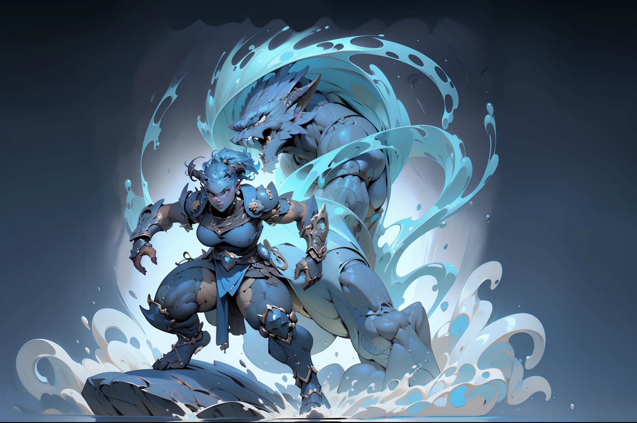 ((top-quality))、((tmasterpiece))、((Full body photo of a woman))、((very simple background))、(Game character design)、amazon warrior,Primitive barbarian tribal style,The water element blends with the clothes,((Blue cuirass bandeau)),Blue animal skin costume,cloaks,Blue clothes, warhammer, holding hammer, large weapon,demon horns、monster design,(Water Goddess,Marine element merger)、Cartoony、Beastman、Ivory ornaments、独奏、Fighting posture,Riot game concept art, strong body, water magic, water theme, pauldrons, warrior, combat stance, ((fully clothed)), ((chubby)), water golem, water genasi, elemental, female, ((armored)), ((loose clothing))