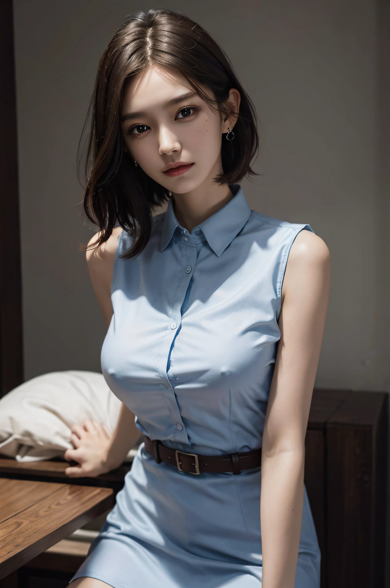 (very huge breasts, perfect anatomy:1.4), (sleeveless collared shirt dress:1.4), (short wavy hair:1.1), whole body, RAW photo, extremely delicate and beautiful, masterpiece, Best Quality, ultra high resolution, 16k, hyperrealistic, ultra-detailed, Very detailed CG 8k wallpaper, Beautiful Lighting, Perfect Lightning, Realistic Shadows, super Detailed shiny skin, perfect figure, Japanese woman, late 20s, Slim body, Slim abdomen, very small head, handsome detailed woman, very detailed eyes and face, realistic face proportions, Stunning detailed eyes, Realistic beautiful face, very small face, Realistic small beautiful eyes, double eyelids, makeup, tearful mole, mole on chest, earring, bare legs, beautiful and very thin legs, beautiful and very thin thighs, narrow waist, (cleavage, Soft midriff, Fine Collarbone, off-shoulder:0.1),