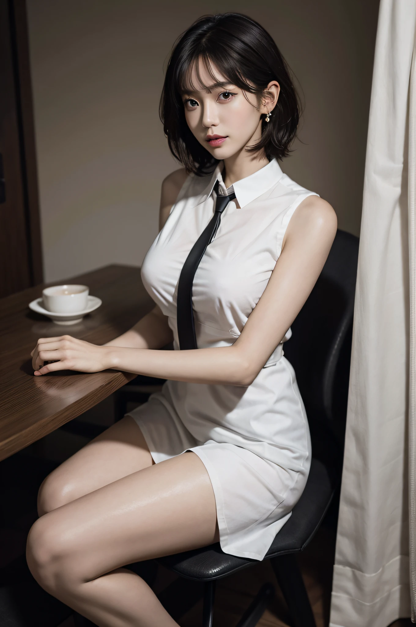 (very huge breasts, perfect anatomy, full body:1.4), (sleeveless collared shirt dress:1.4), (short wavy hair:1.1), whole body, RAW photo, extremely delicate and beautiful, masterpiece, Best Quality, ultra high resolution, 16k, hyperrealistic, ultra-detailed, Very detailed CG 8k wallpaper, Beautiful Lighting, Perfect Lightning, Realistic Shadows, super Detailed shiny skin, perfect figure, Japanese woman, late 20s, Slim body, Slim abdomen, very small head, handsome detailed woman, very detailed eyes and face, realistic face proportions, Stunning detailed eyes, Realistic beautiful face, very small face, Realistic small beautiful eyes, double eyelids, makeup, tearful mole, mole on chest, earring, bare legs, beautiful and very thin legs, beautiful and very thin thighs, narrow waist, (cleavage, Soft midriff, Fine Collarbone, off-shoulder:0.1),