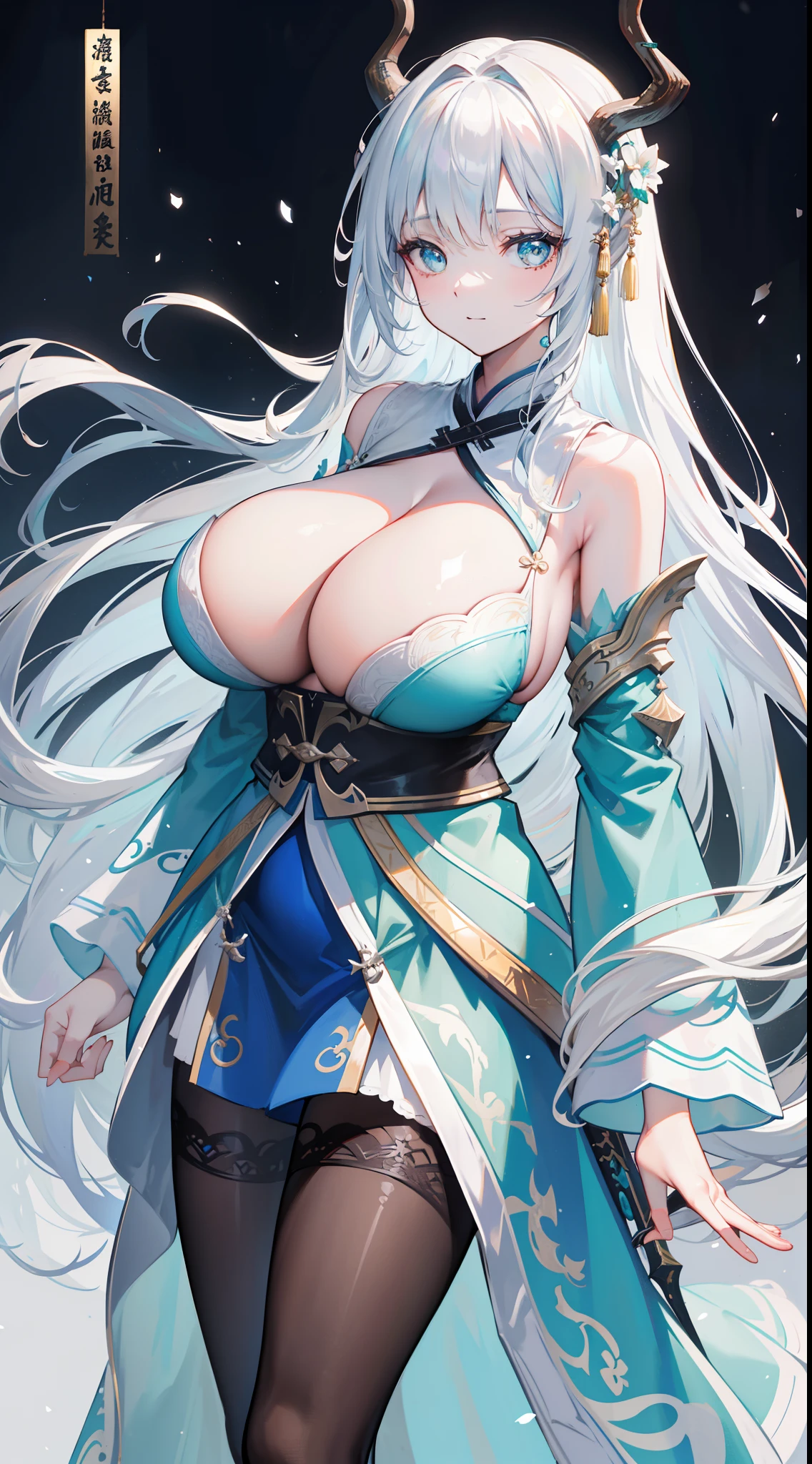 Depressing text,ssmile,Dragon's horn,deer antlers,Portrait,Realistic effect,Female pervert,White-haired girl,Messy hair,Ancient wind,cyan colors,cyan colors,Cyan Hanfu(Delicate and mysterious antique patterns),high-heels,The expression after the climax,winning artwork,Silhouette effect,Epic composition,Stand in front of a window with falling snow(Ancient wind),(Antique background)Need,8K,The human body light and shadow effect is three-dimensional,Delicate face,(in the darkness nigth:1.6),Fantasyart,photographrealistic,动态照明,art stations,poster for,Volumetriclighting,Very detailed faces,4 k'',Award-Awarded, low tune, Cowboy shot, (Hanfu:1.4), long whitr hair,(Super huge))),(((Super huge breasts))),Side breasts,Lower breast,cropped shoulders,鎖骨,lacepantyhose,nabel,Lower chest,((black pantyhoses)),((cleavage)),((Pubic bone))