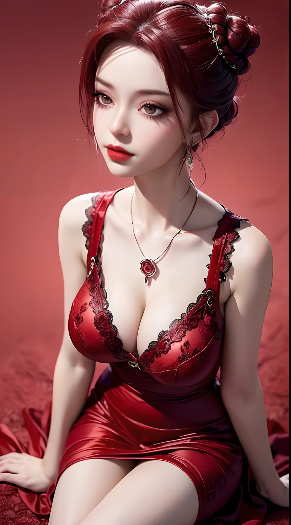 1 beautiful and sexy 20 year old girl, ((wearing a discreet short red dress with black lace trim:1.6)), dress with diamonds, ((Red brown hair:1.6)), ((hair bun on both sides:1.6)), elaborate jewelry made from stones noble and beautiful hair, ((wearing a black lace necklace:1.4))), noble, noble style of an extremely beautiful girl, super cute little face, very pretty face, fur thin eyebrows, flawless beautiful face, ((black eye pupils: 0.8)), very beautiful eyes, ((fiery red-brown eyes: 1.6)), beautiful makeup and detailed hairdo, eyelashes, eye makeup wet, high nose, earrings, red lips, ((closed mouth: 1;5 )) beautiful lips, slim hands, ((arms spread out to the sides: 1.5)), rosy face, clean face, flawless beautiful face, smooth white skin, (big breasts: 1.5)), ((high breasts: 1.6)), firm breasts, nice cleavage, (((big and super round breasts: 1.8))) , ((super firm breasts: 1.7)) , beautiful breasts, perfect body, (((sitting position, leaning back and hands behind: 1.5))), ((chest puffed out: 1.5)) , don't be shy, 8k photos, super high quality, super realistic, super 10x pixels, optical, bright studio, bright edges, two-tone lighting, (high detail skin:1.2), super 8k, soft lighting , high quality, volumetric light, optical, optical high resolution, light, best photo, 4k, 8k quality, blur effect, smooth sharpness, 10 x pixels, ((flower red background:1.5)), aurora, lightning, super realistic graphics, most realistic graphics, alone, solo, Extremely sharp, surreal images, (((frontal portrait: 1.4)))."