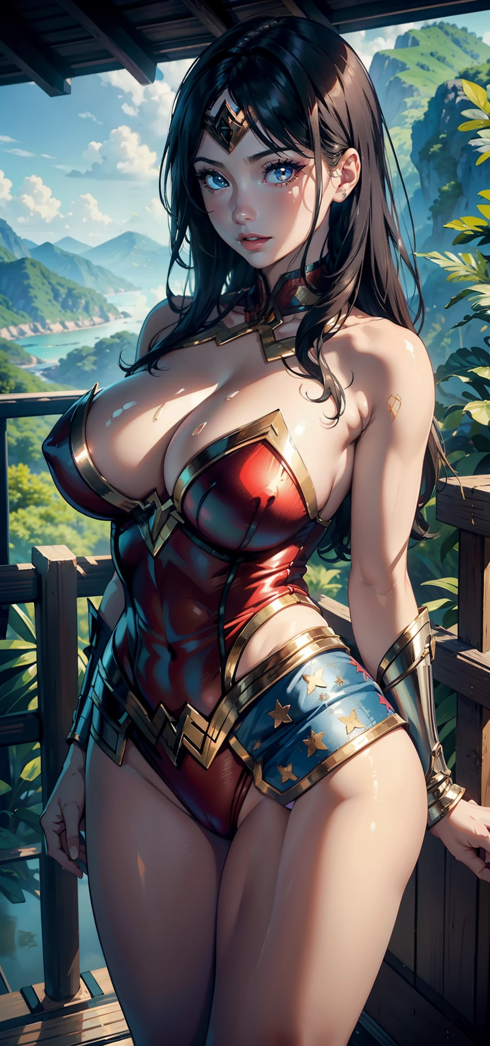 1female,41 years old,熟妇,A MILF,mature,plumw,extremely large bosom ,Pornographic exposure, 独奏,(Background with:the rainforest,volcanoes,hot onsen,stunning view,exteriors) She has short black hair,bobo head,Station,seen from the front, hair straight, mostly cloudy sky,(((tmasterpiece),(Very detailed CG unity 8K wallpaper),best qualtiy,cinmatic lighting,detailed back ground,beatiful detailed eyes,Bright pupils,Redlip(Very fine and beautiful),(Beautiful and detailed eye description),ultra - detailed,tmasterpiece,)),facing at camera,A high resolution,ultra - detailed),revealing breasts,Bare genitalia, Bulge,legs are open,Raised sexy,Camel toes,Flushed complexion,Open-mouthed,frontage,wonder women,(Wearing:,Wonder Woman uniform)